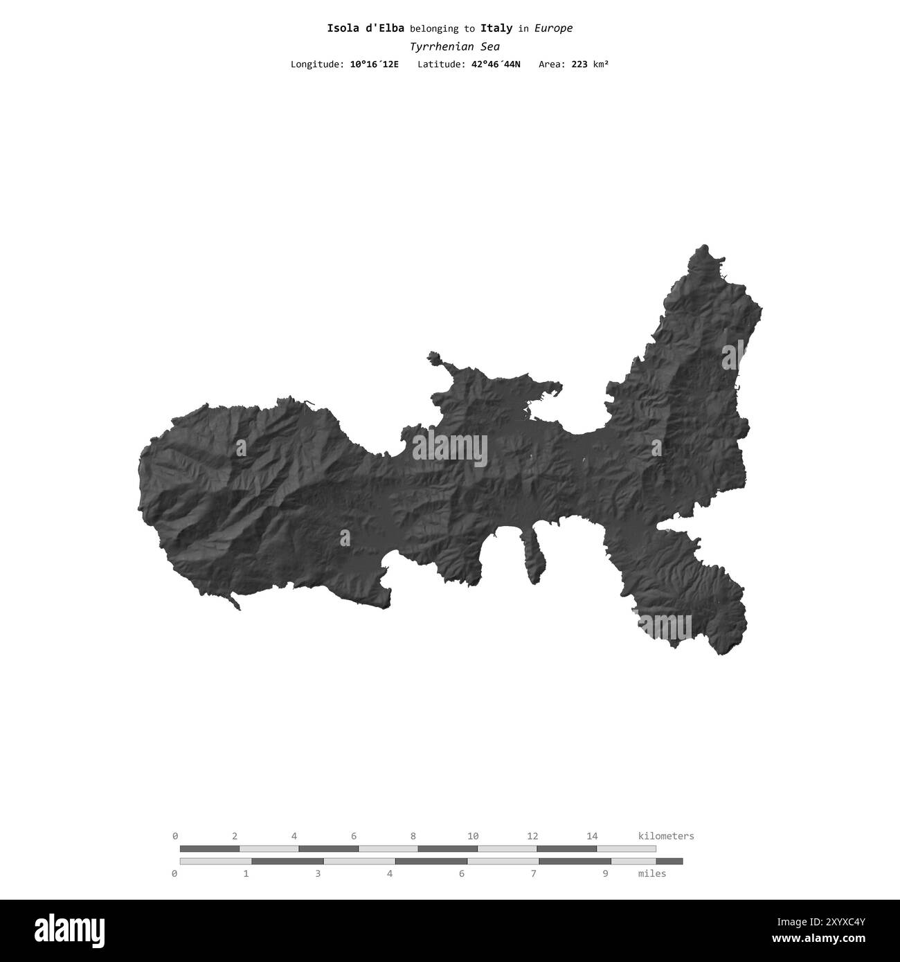 Isola d’Elba im Tyrrhenischen Meer, zu Italien gehört, isoliert auf einer zweistufigen Höhenkarte mit Entfernungsskala Stockfoto