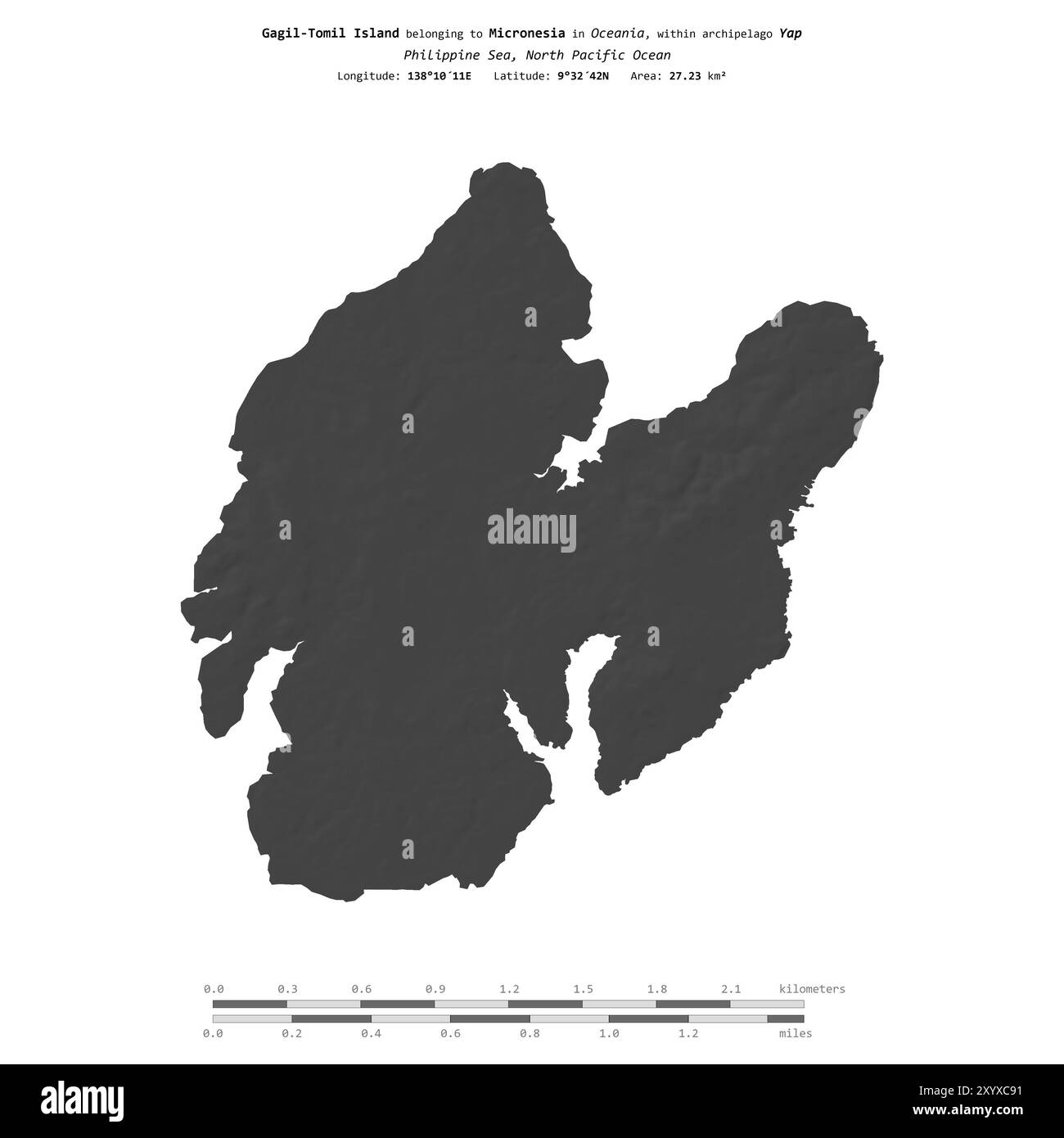 Die Insel Gagil-Tomil in der Philippinischen See gehört zu Mikronesien, isoliert auf einer zweistufigen Höhenkarte mit Entfernungsskala Stockfoto