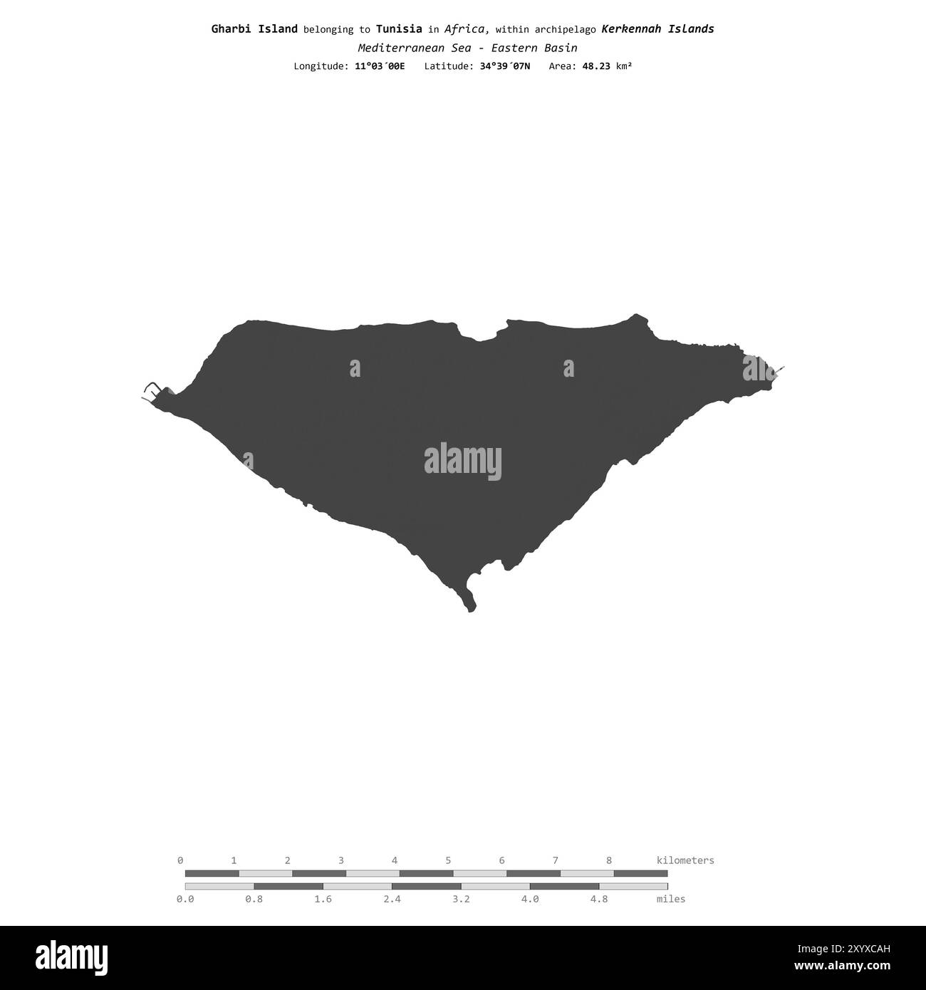 Insel Gharbi im Mittelmeer - östliches Becken, zu Tunesien gehört, isoliert auf einer zweistufigen Höhenkarte, mit Entfernungsskala Stockfoto