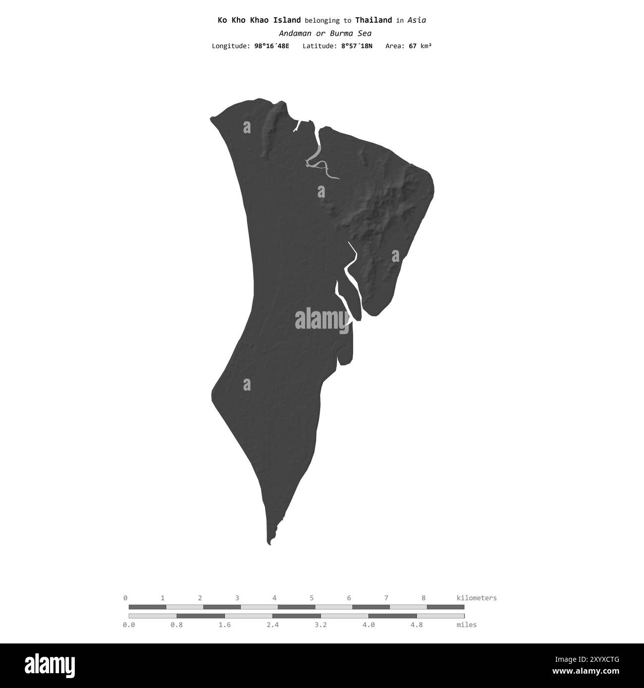 Ko Kho Khao Insel in der Andamanensee oder Birma See, zu Thailand, isoliert auf einer zweistufigen Höhenkarte, mit Entfernungsskala Stockfoto
