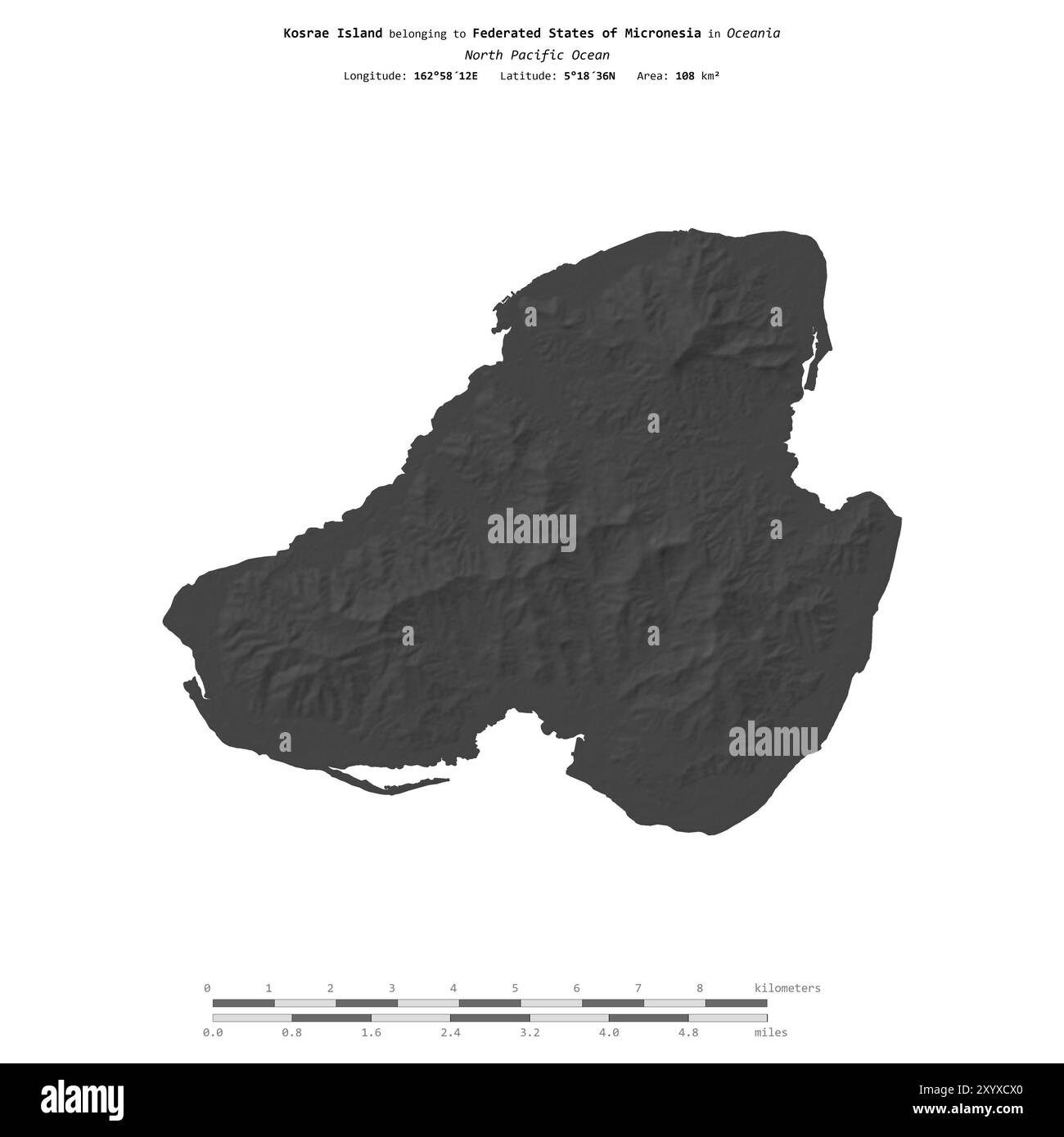 Kosrae Island im Nordpazifik, die zu den Föderierten Staaten von Mikronesien gehört, isoliert auf einer zweistufigen Höhenkarte mit Entfernungsskala Stockfoto