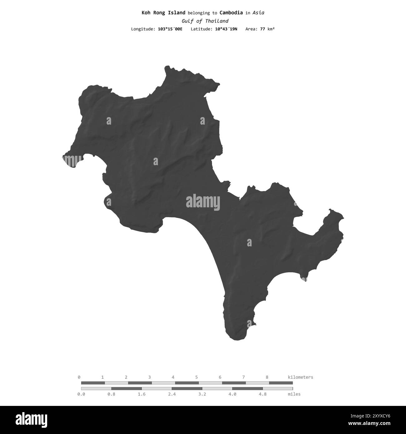 Insel Koh Rong im Golf von Thailand, die zu Kambodscha gehört, isoliert auf einer zweistufigen Höhenkarte, mit Entfernungsskala Stockfoto