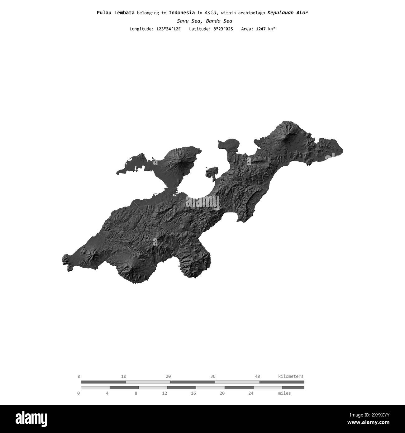 Pulau Lembata in der Savu See, gehört zu Indonesien, isoliert auf einer zweistufigen Höhenkarte, mit Entfernungsskala Stockfoto