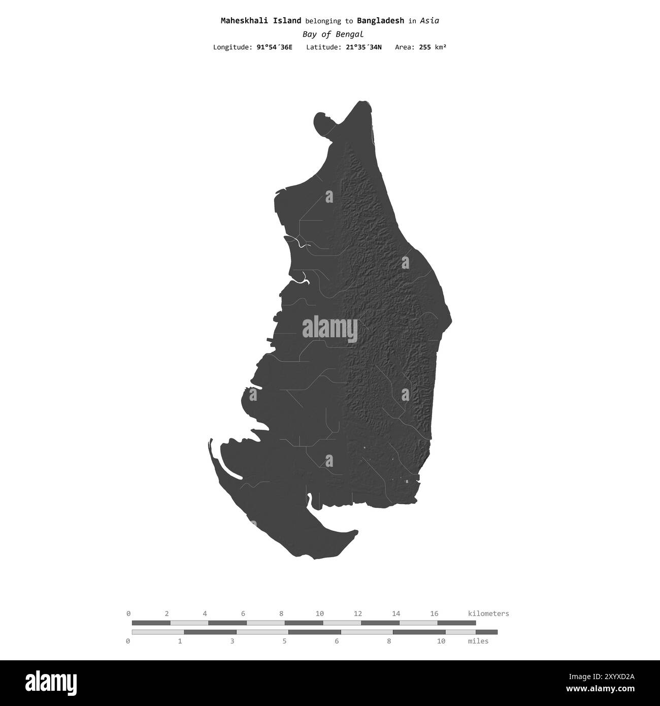 Maheskhali Island in der Bucht von Bengalen, die zu Bangladesch gehört, isoliert auf einer zweistufigen Höhenkarte mit Entfernungsskala Stockfoto