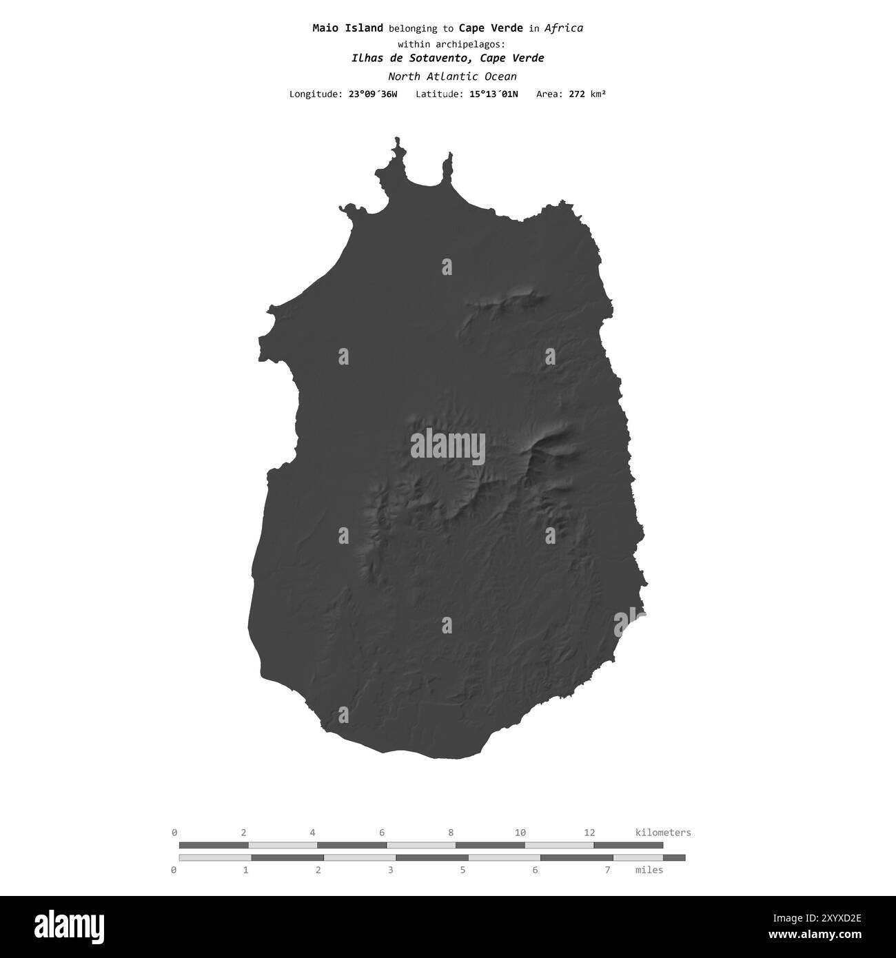 Maio Island im Nordatlantik, gehört zu Kap Verde, isoliert auf einer zweistufigen Höhenkarte, mit Entfernungsskala Stockfoto