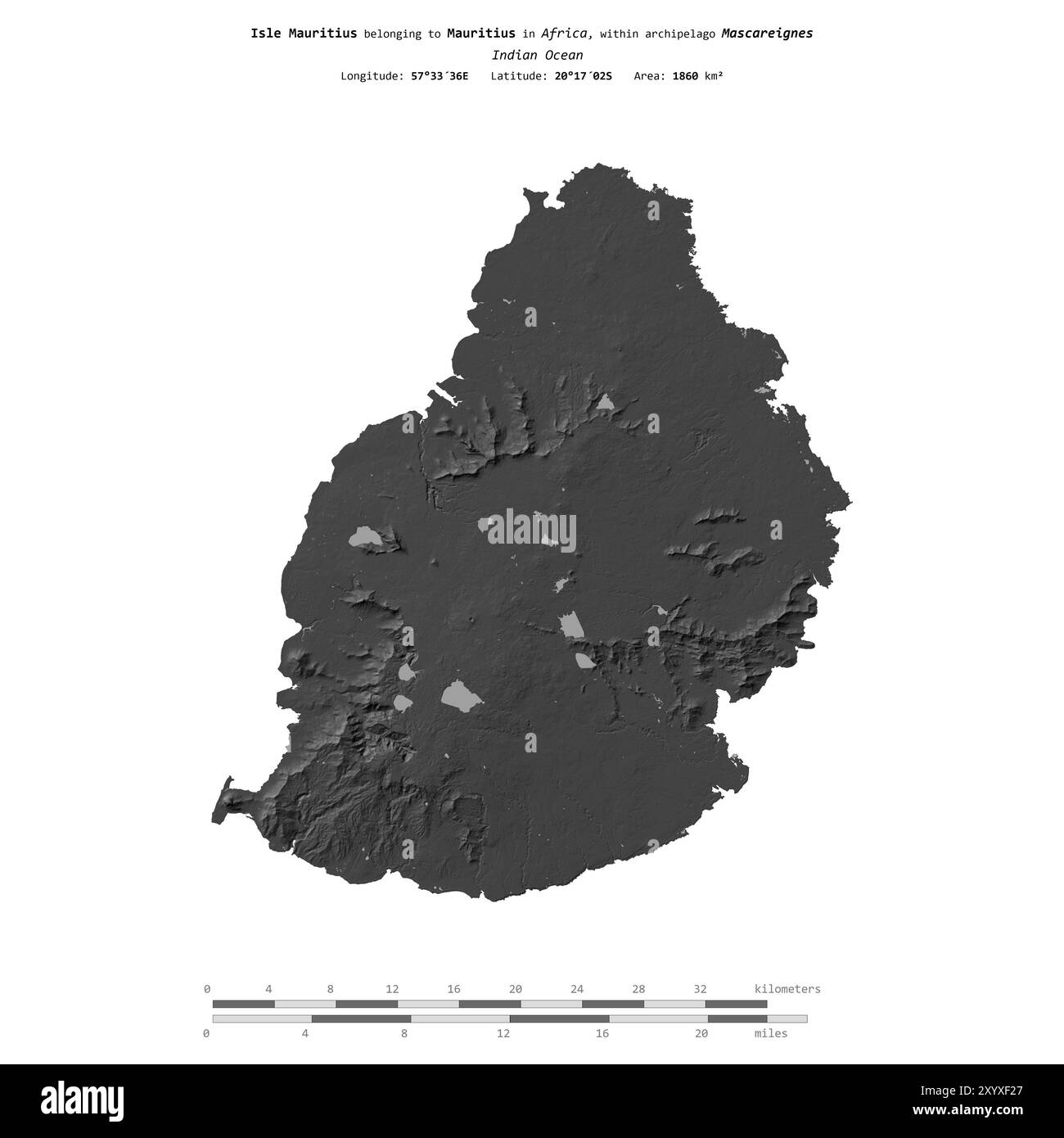 Insel Mauritius im Indischen Ozean, zu Mauritius gehört, isoliert auf einer zweistufigen Höhenkarte, mit Entfernungsskala Stockfoto