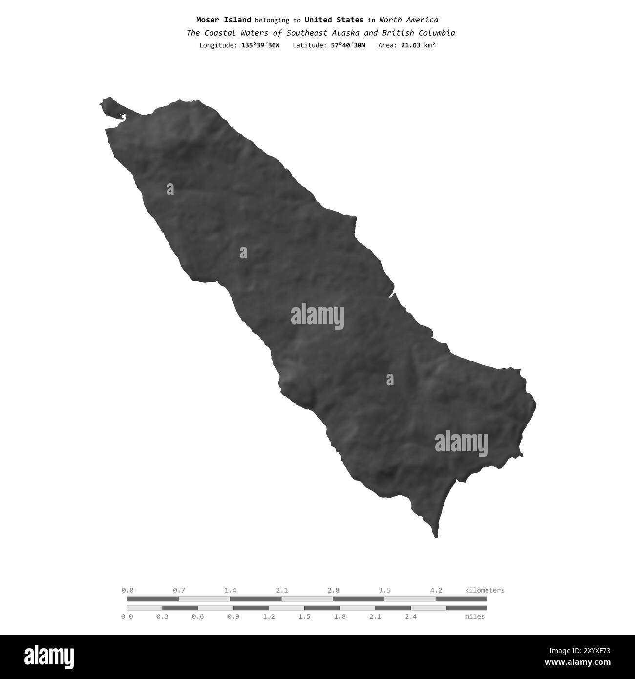 Moser Island in den Küstengewässern von Südost-Alaska und British Columbia, die zu den Vereinigten Staaten gehören, isoliert auf einer zweistufigen Höhenkarte, mit Stockfoto