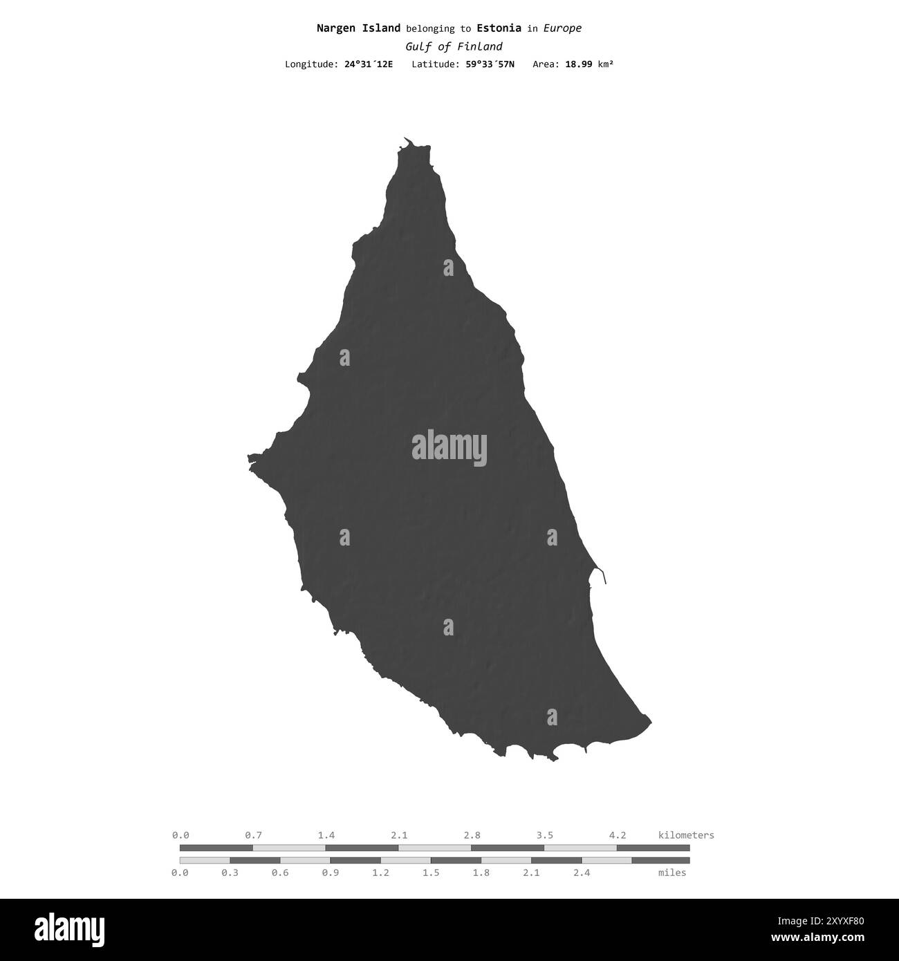 Die Insel Nargen im Finnischen Golf, die zu Estland gehört, isoliert auf einer zweistufigen Höhenkarte mit Entfernungsskala Stockfoto