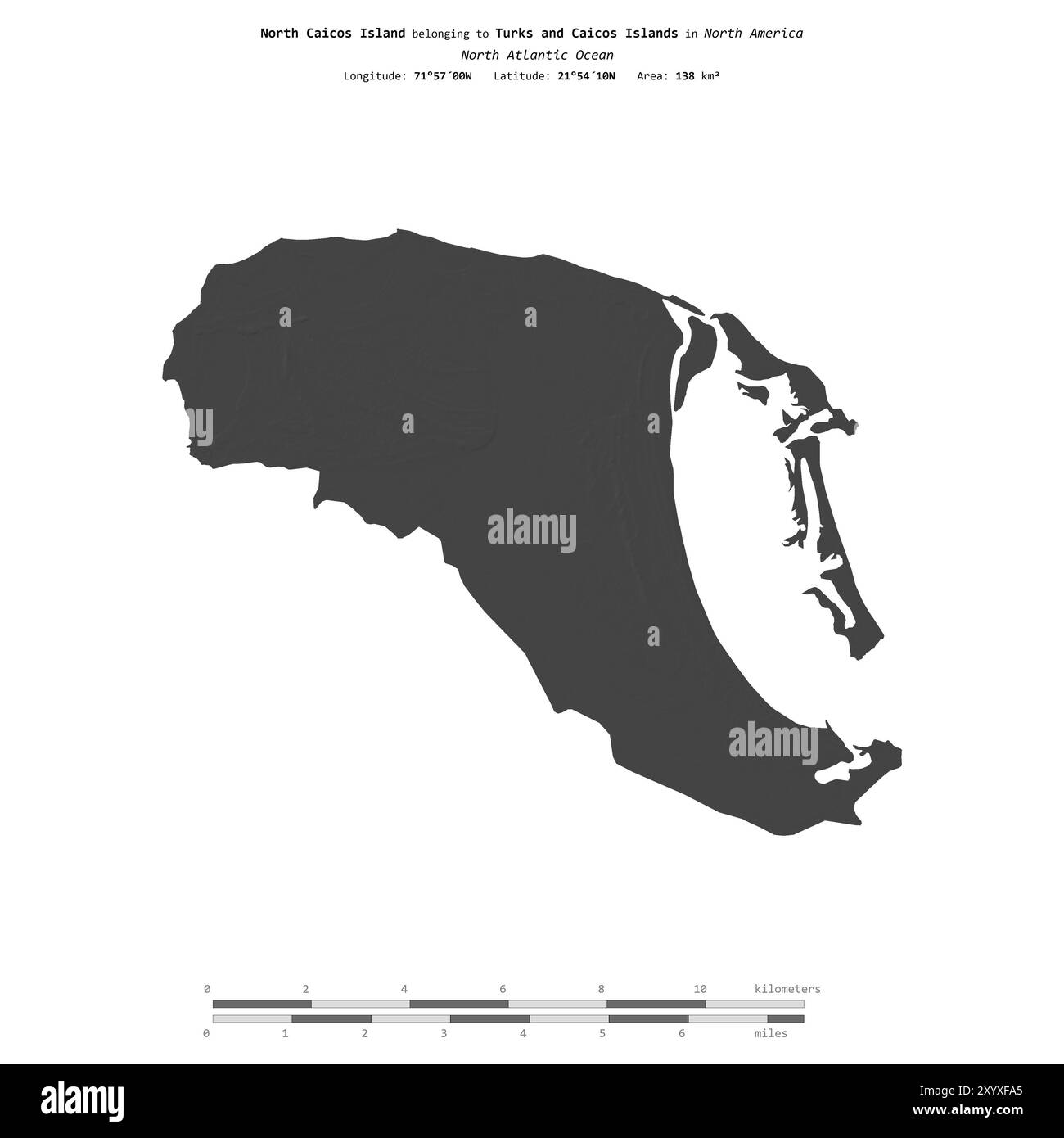 North Caicos Island im Nordatlantik, gehört zu den Turks- und Caicosinseln, isoliert auf einer zweistufigen Höhenkarte, mit Entfernungsskala Stockfoto