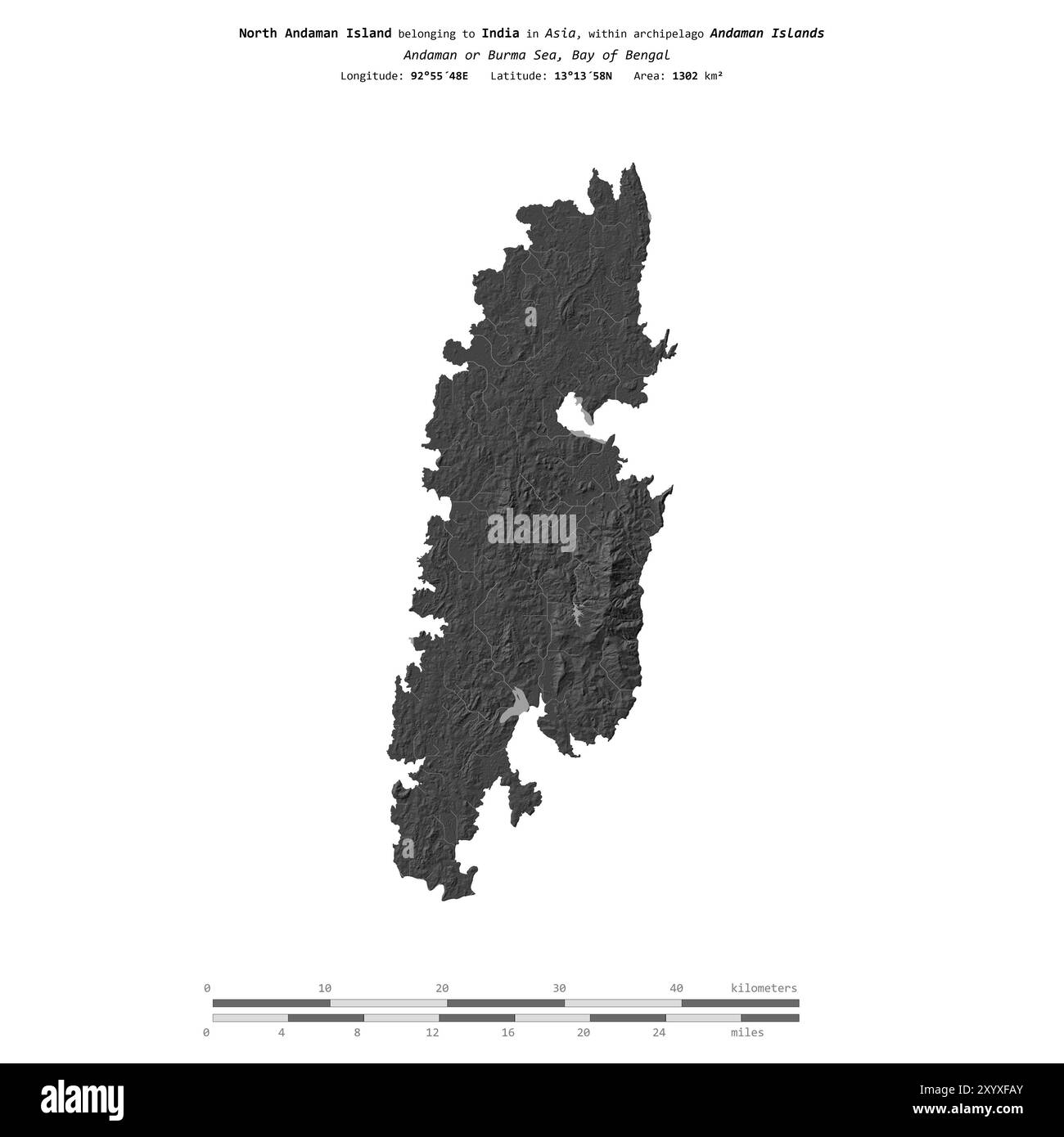 North Andaman Island in der Bucht von Bengalen, die zu Indien gehört, isoliert auf einer zweistufigen Höhenkarte mit Entfernungsskala Stockfoto