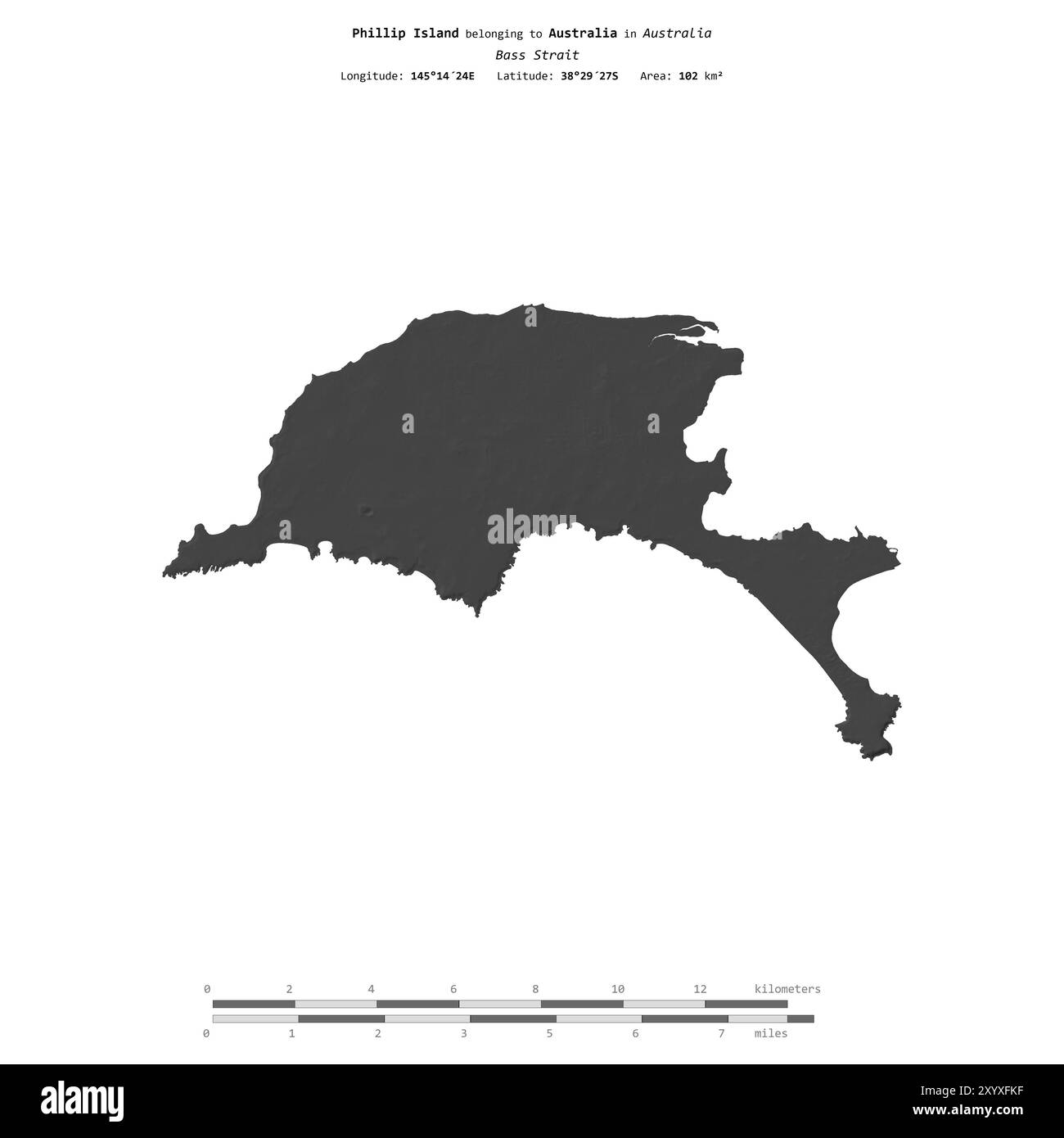 Phillip Island in der Bass Strait, die zu Australien gehört, isoliert auf einer zweistufigen Höhenkarte mit Entfernungsskala Stockfoto