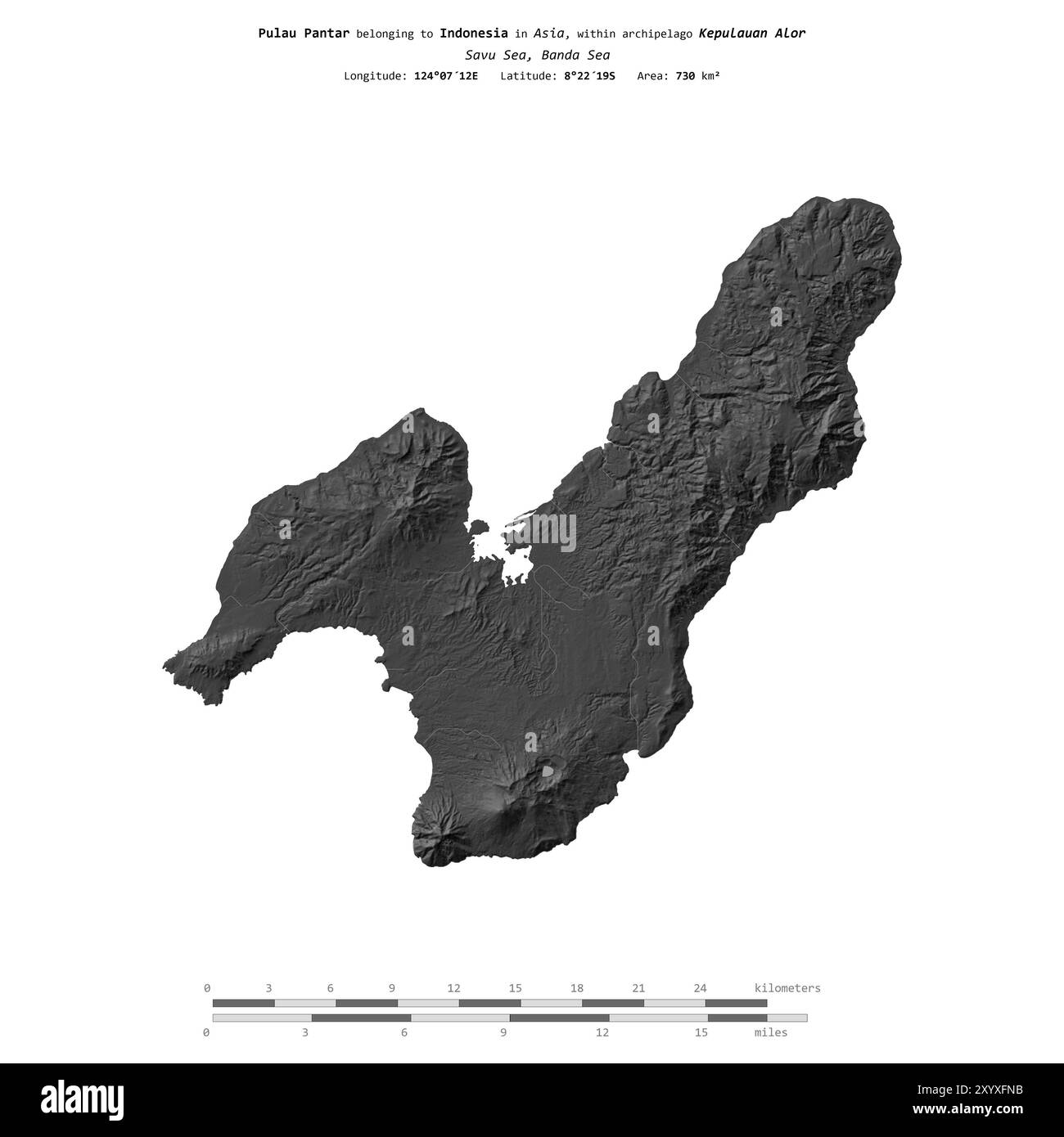 Pulau Pantar in der Savu See, gehört zu Indonesien, isoliert auf einer zweistufigen Höhenkarte, mit Entfernungsskala Stockfoto