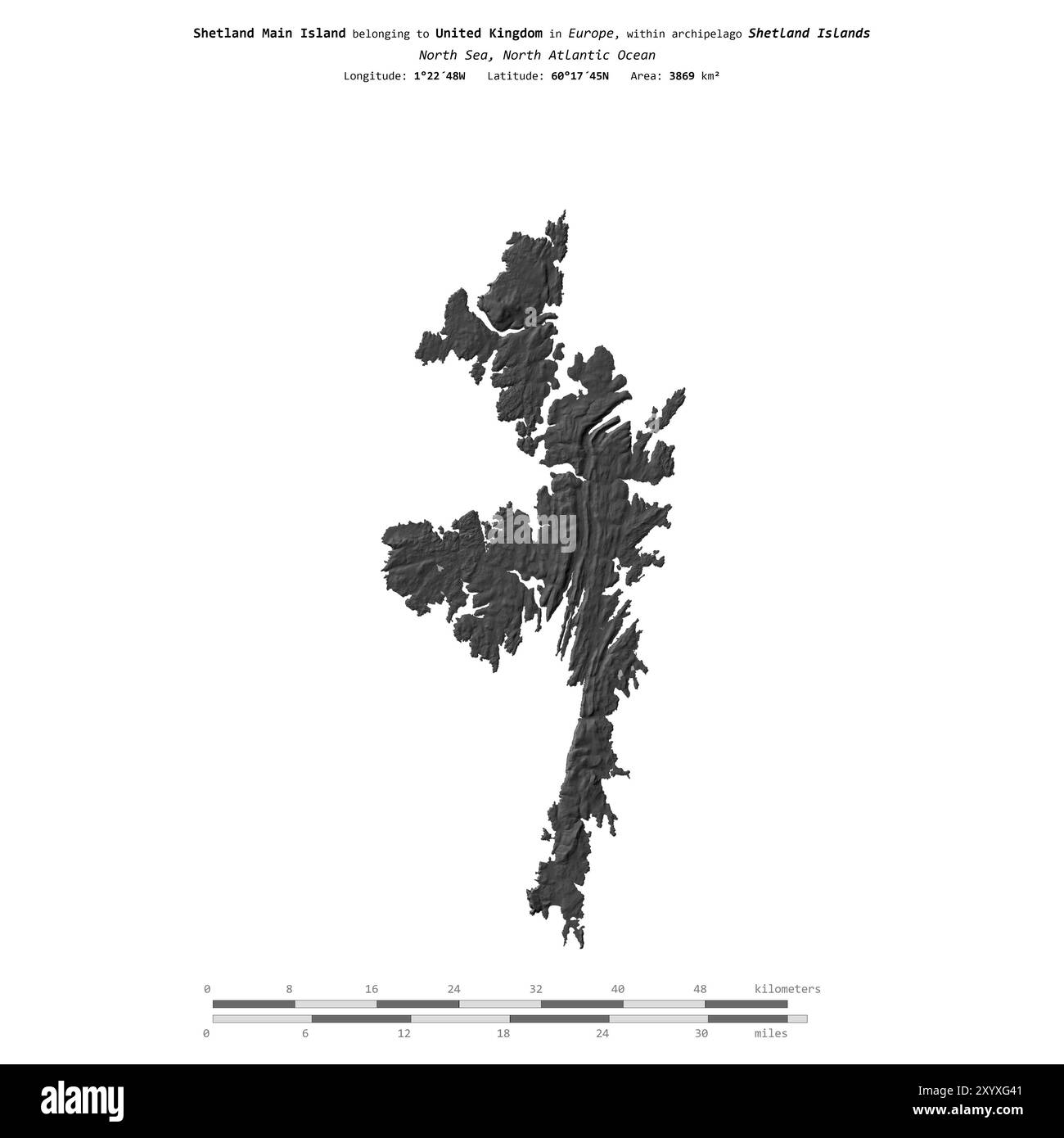 Shetland Main Island in der Nordsee, zu Großbritannien gehört, isoliert auf einer zweistufigen Höhenkarte mit Entfernungsskala Stockfoto