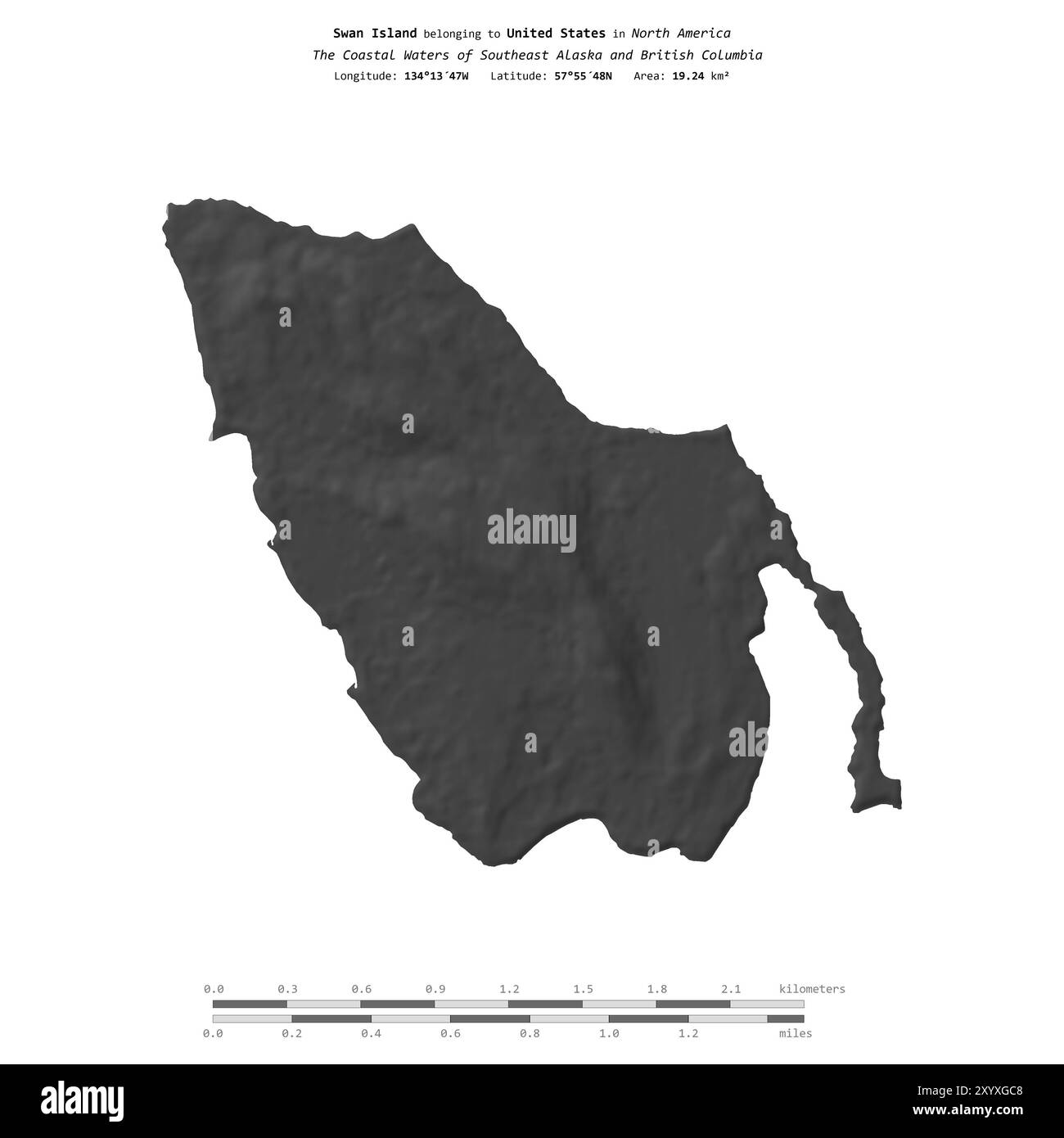 Swan Island in den Küstengewässern von Südost-Alaska und British Columbia, die zu den Vereinigten Staaten gehören, isoliert auf einer zweistufigen Höhenkarte, mit Stockfoto