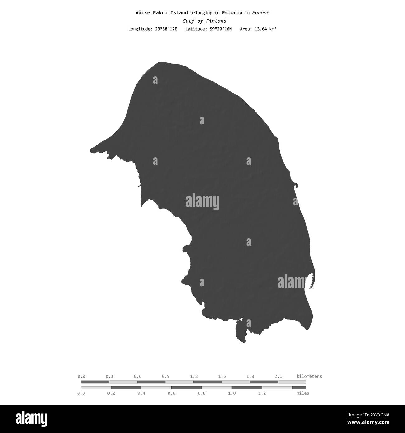 Die Insel Vaike Pakri im Golf von Finnland gehört zu Estland, isoliert auf einer zweistufigen Höhenkarte mit Entfernungsskala Stockfoto