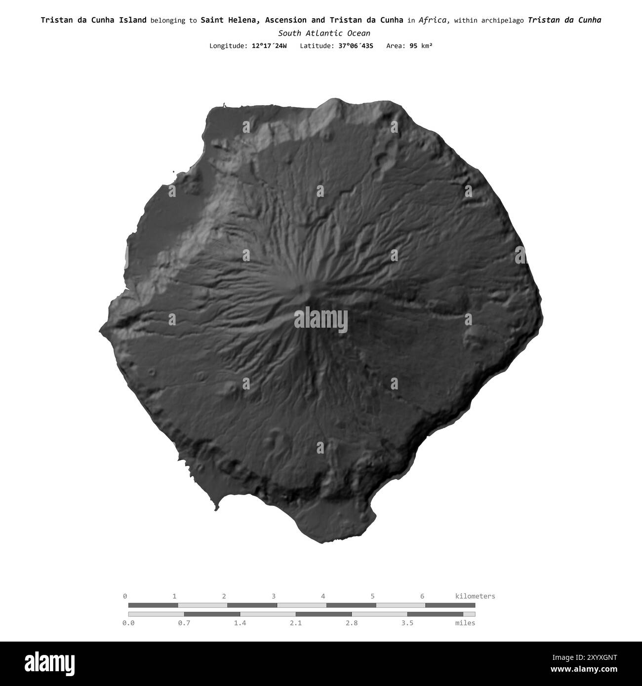 Die Insel Tristan da Cunha im Südatlantik, die zu St. Helena, Ascension und Tristan da Cunha gehört, isoliert auf einer zweistufigen Höhenkarte, W Stockfoto