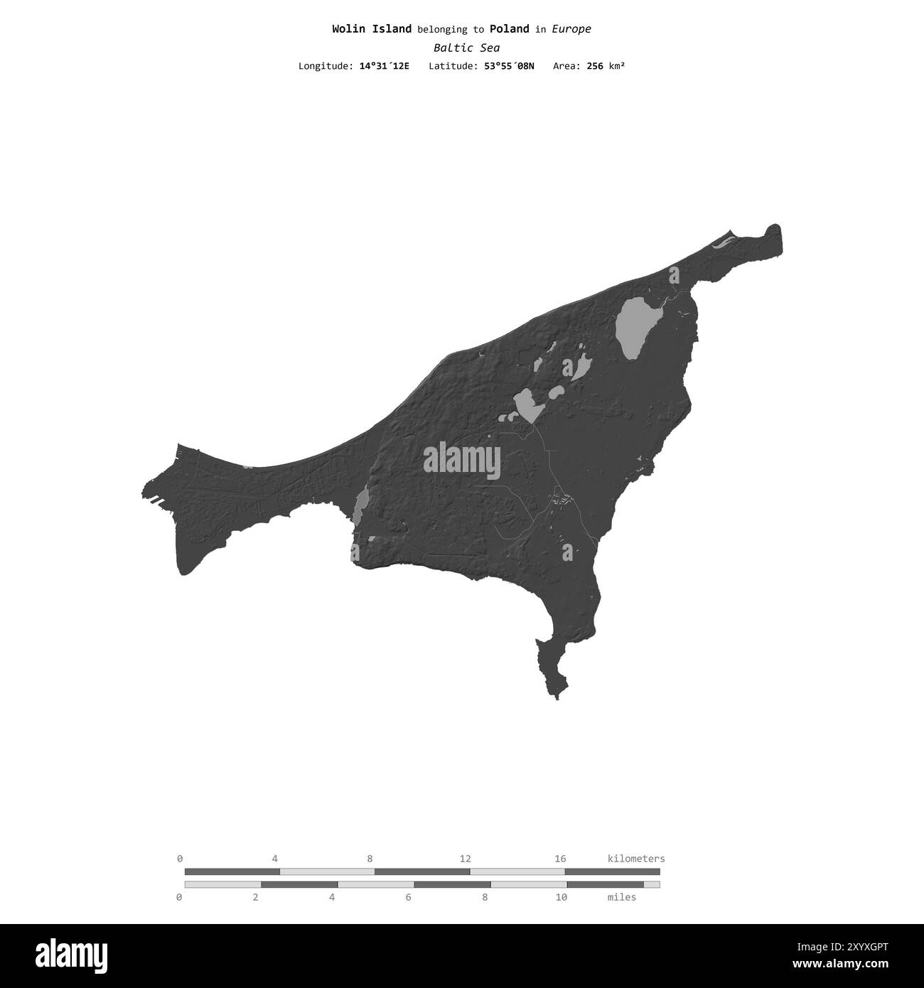 Wolin Island in der Ostsee, zu Polen gehört, isoliert auf einer zweistufigen Höhenkarte, mit Entfernungsskala Stockfoto