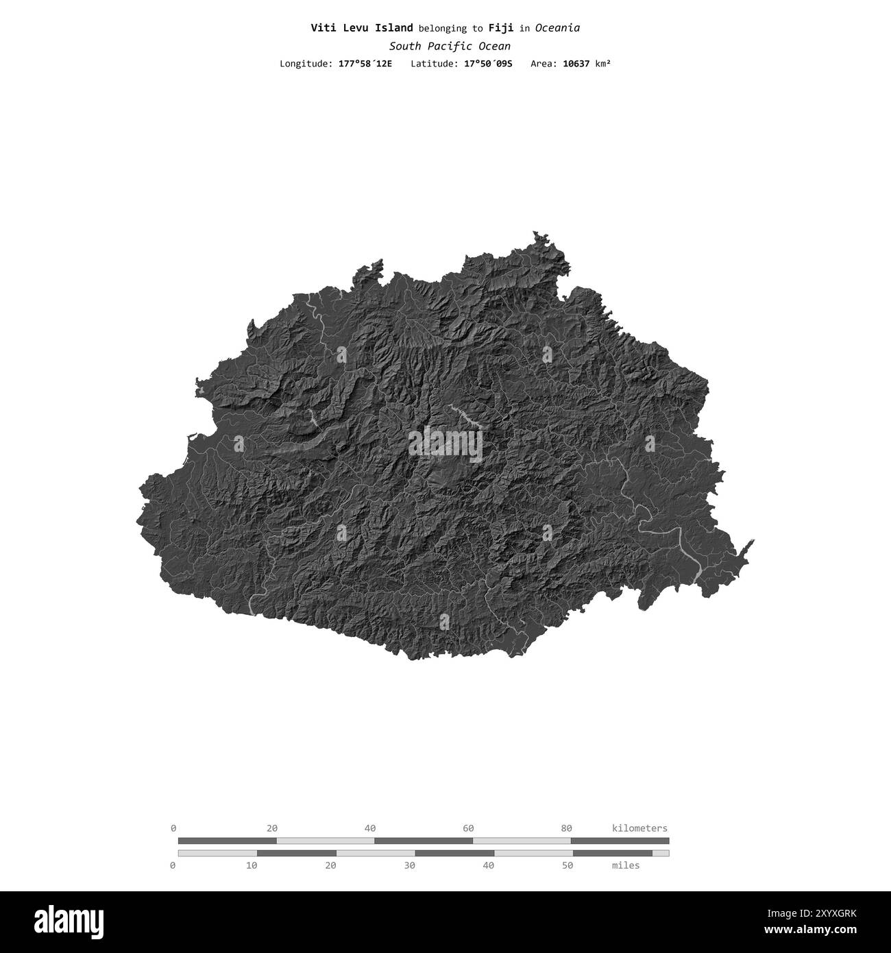 Die Insel Viti Levu im Südpazifik gehört zu Fidschi, isoliert auf einer zweistufigen Höhenkarte mit Entfernungsskala Stockfoto