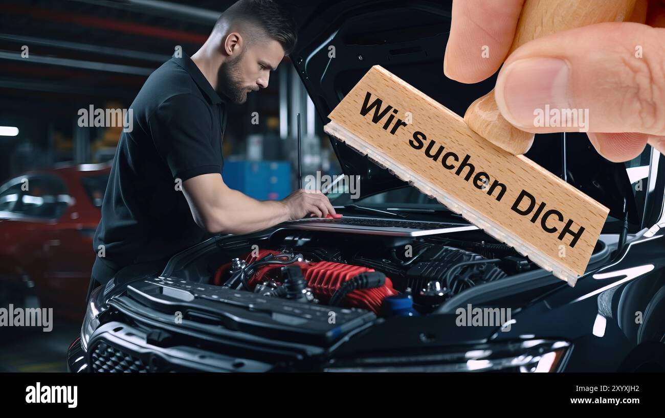 Ein Holzstempel ist beschriftet mit dem Aufdruck: Wir suchen DICH über dem Bild eines Automechanikers in einer Autowerkstatt - Stockfoto