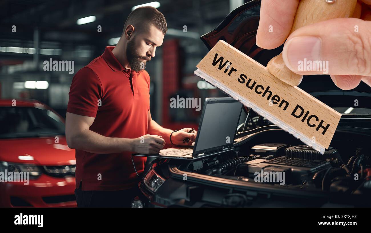Ein Holzstempel ist beschriftet mit dem Aufdruck: Wir suchen DICH über dem Bild eines Automechanikers in einer Autowerkstatt - Stockfoto