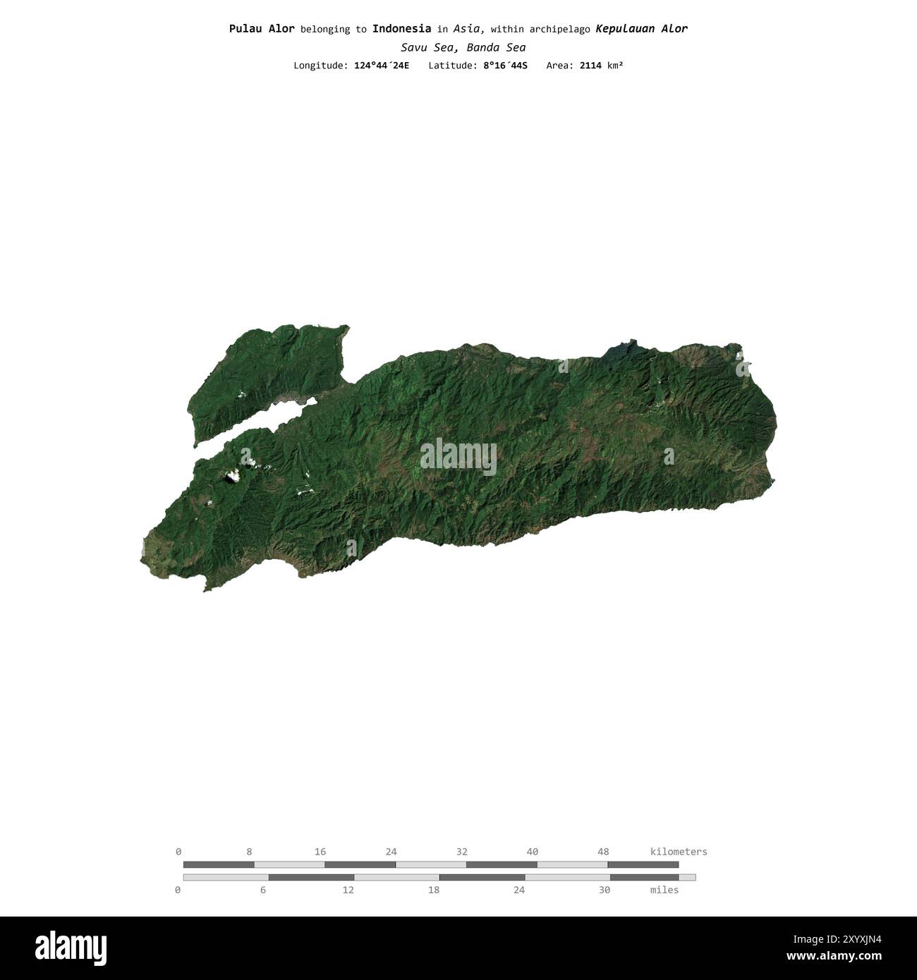 Pulau Alor in der Savu-See, zu Indonesien gehört, isoliert auf einem Satellitenbild, das am 16. April 2019 mit Entfernungsskala aufgenommen wurde Stockfoto