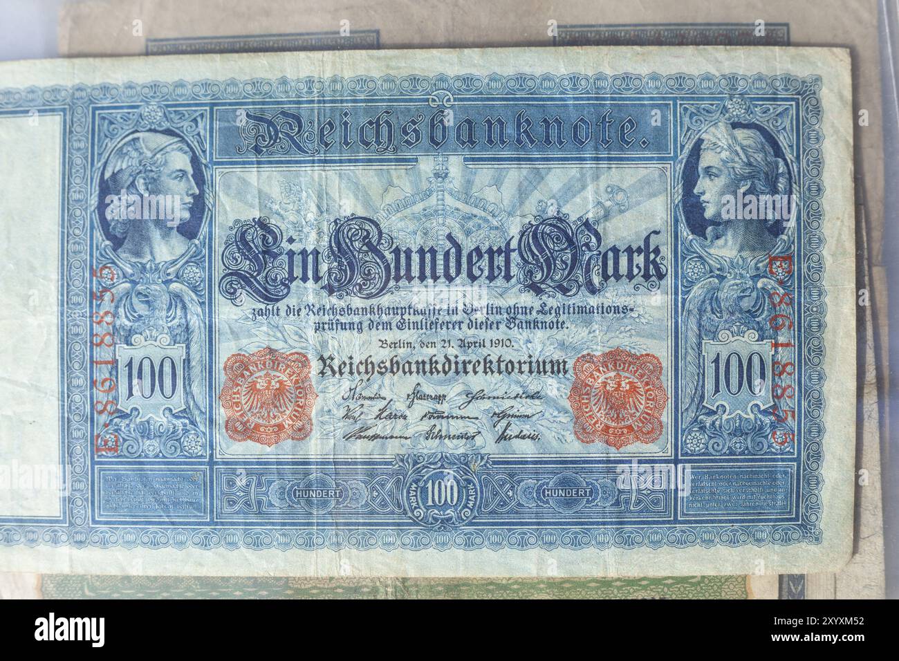 Historische Banknote, ReichsBanknote, 100 Mark von 1910, Deutsches Reich, Deutschland, Europa Stockfoto