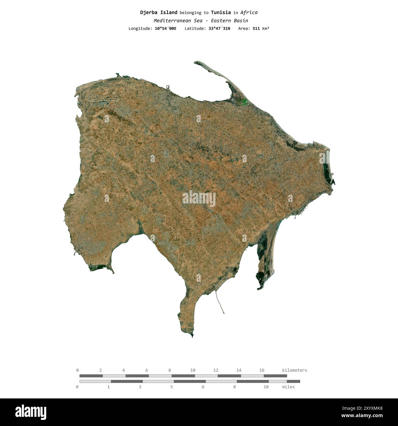 Insel Djerba im Mittelmeer - Ostbecken, zu Tunesien gehört, isoliert auf einem Satellitenbild, das am 21. November 2023 aufgenommen wurde, mit Entfernung Stockfoto