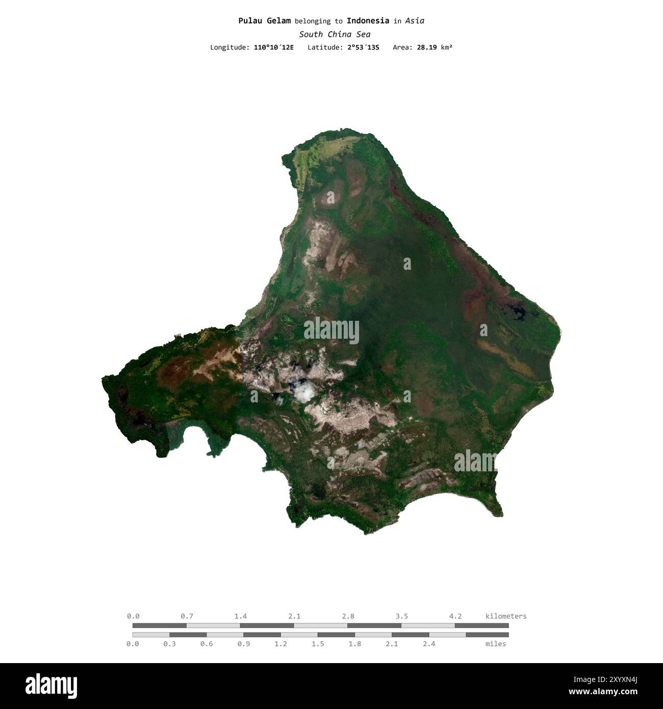 Pulau Gelam im Südchinesischen Meer, das zu Indonesien gehört, isoliert auf einem Satellitenbild, das am 15. Juni 2020 mit Entfernungsskala aufgenommen wurde Stockfoto