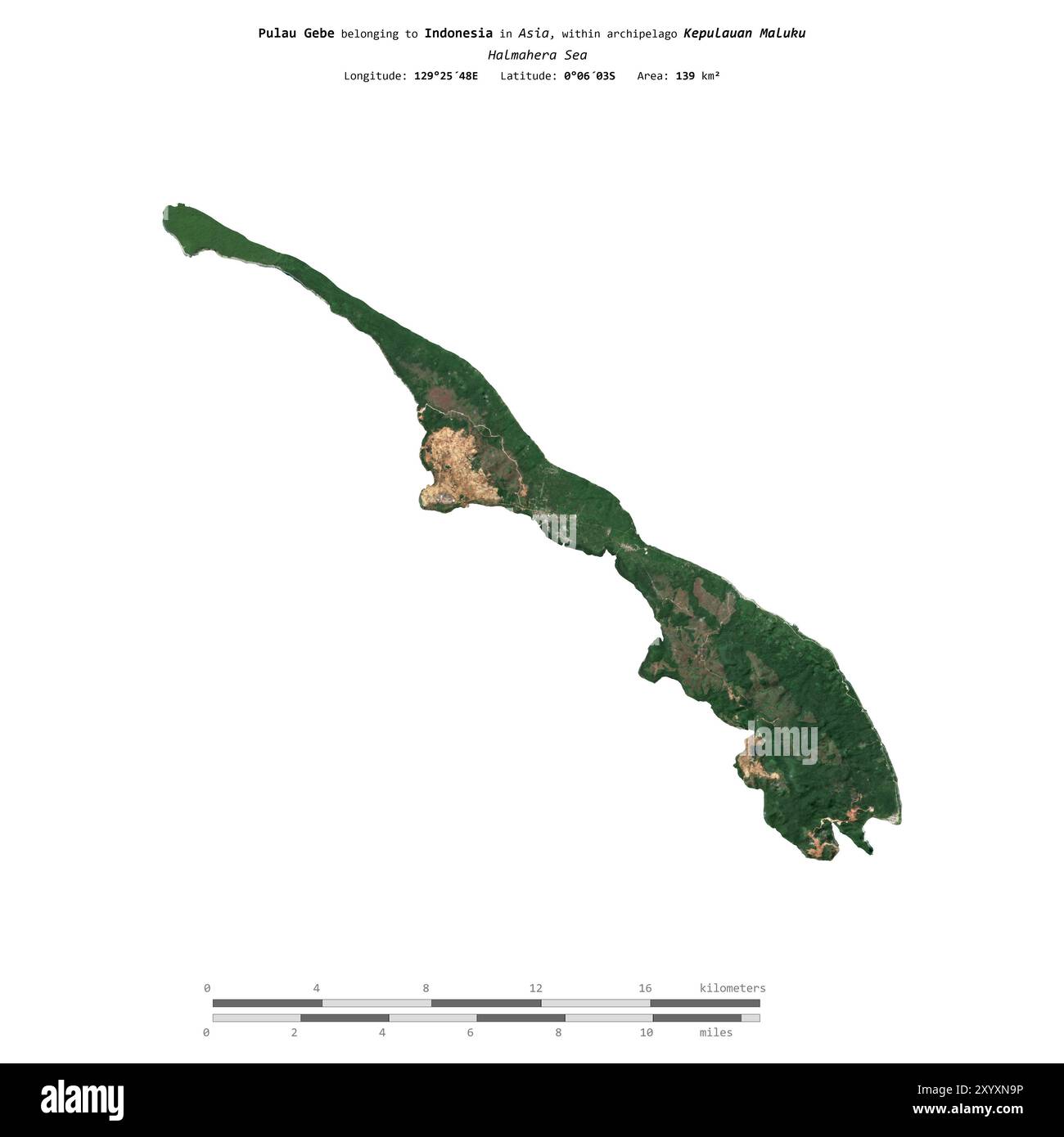 Pulau Gebe im Halmahera-Meer, das zu Indonesien gehört, wurde auf einem Satellitenbild vom 23. Oktober 2018 mit Entfernungsskala isoliert Stockfoto