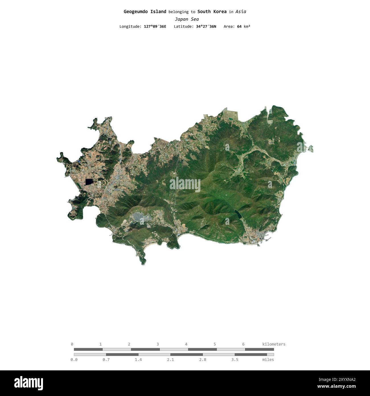 Geogeumdo-Insel im Japanischen Meer, die zu Südkorea gehört, isoliert auf einem Satellitenbild, das am 29. September 2023 mit Entfernungsskala aufgenommen wurde Stockfoto