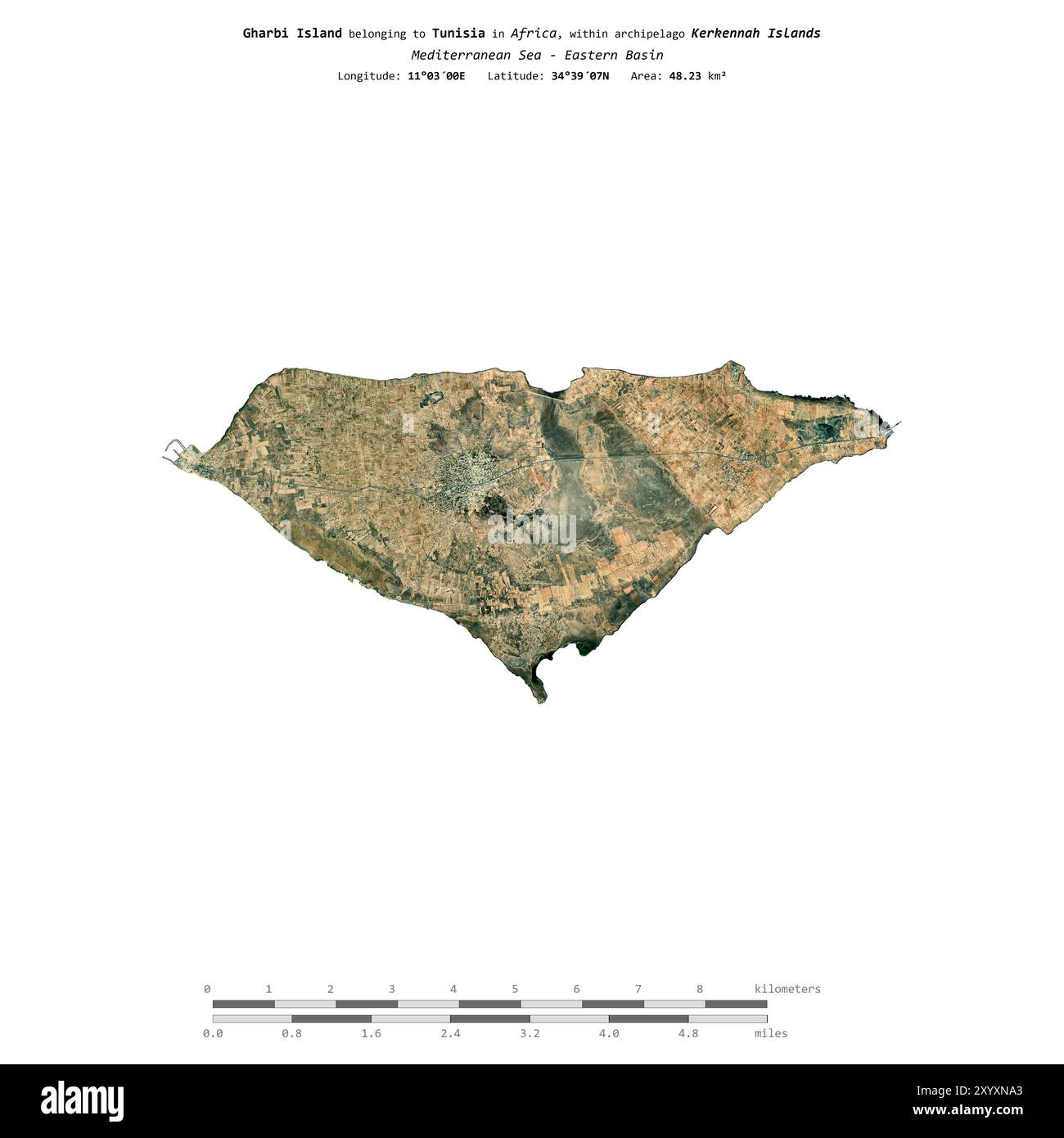 Insel Gharbi im Mittelmeer - Ostbecken, zu Tunesien gehört, isoliert auf einem Satellitenbild, das am 10. Januar 2023 mit Entfernung s aufgenommen wurde Stockfoto