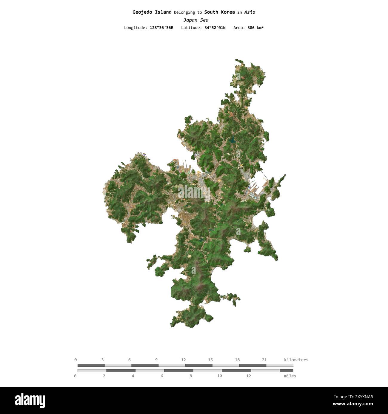 Geojedo Island im Japanischen Meer, zu Südkorea gehört, isoliert auf einem Satellitenbild, das am 9. April 2023 mit Entfernungsskala aufgenommen wurde Stockfoto