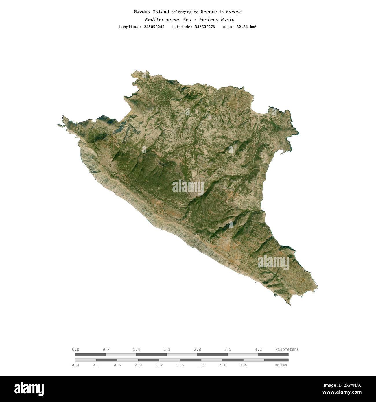 Insel Gavdos im Mittelmeer - Ostbecken, zu Griechenland gehört, isoliert auf einem Satellitenbild, das am 17. Oktober 2023 mit Entfernung sc aufgenommen wurde Stockfoto