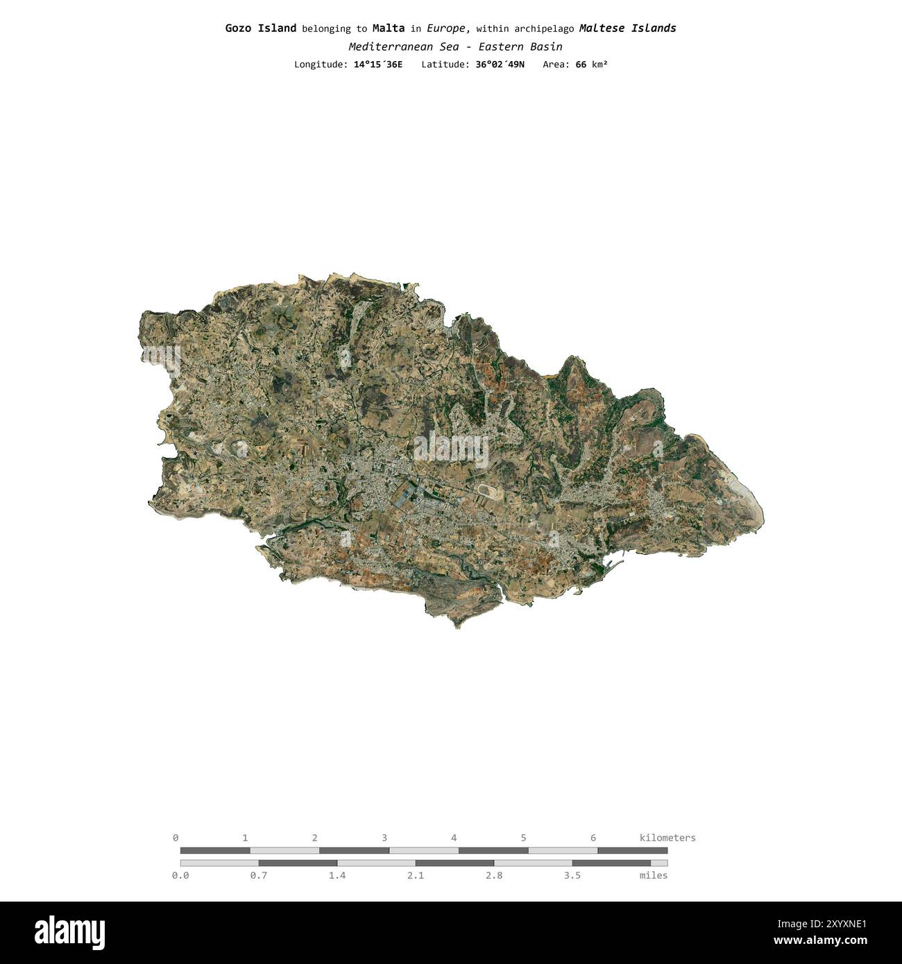 Gozo-Insel im Mittelmeer - Ostbecken, das zu Malta gehört, isoliert auf einem Satellitenbild, das am 21. Februar 2023 mit der Entfernung scal aufgenommen wurde Stockfoto