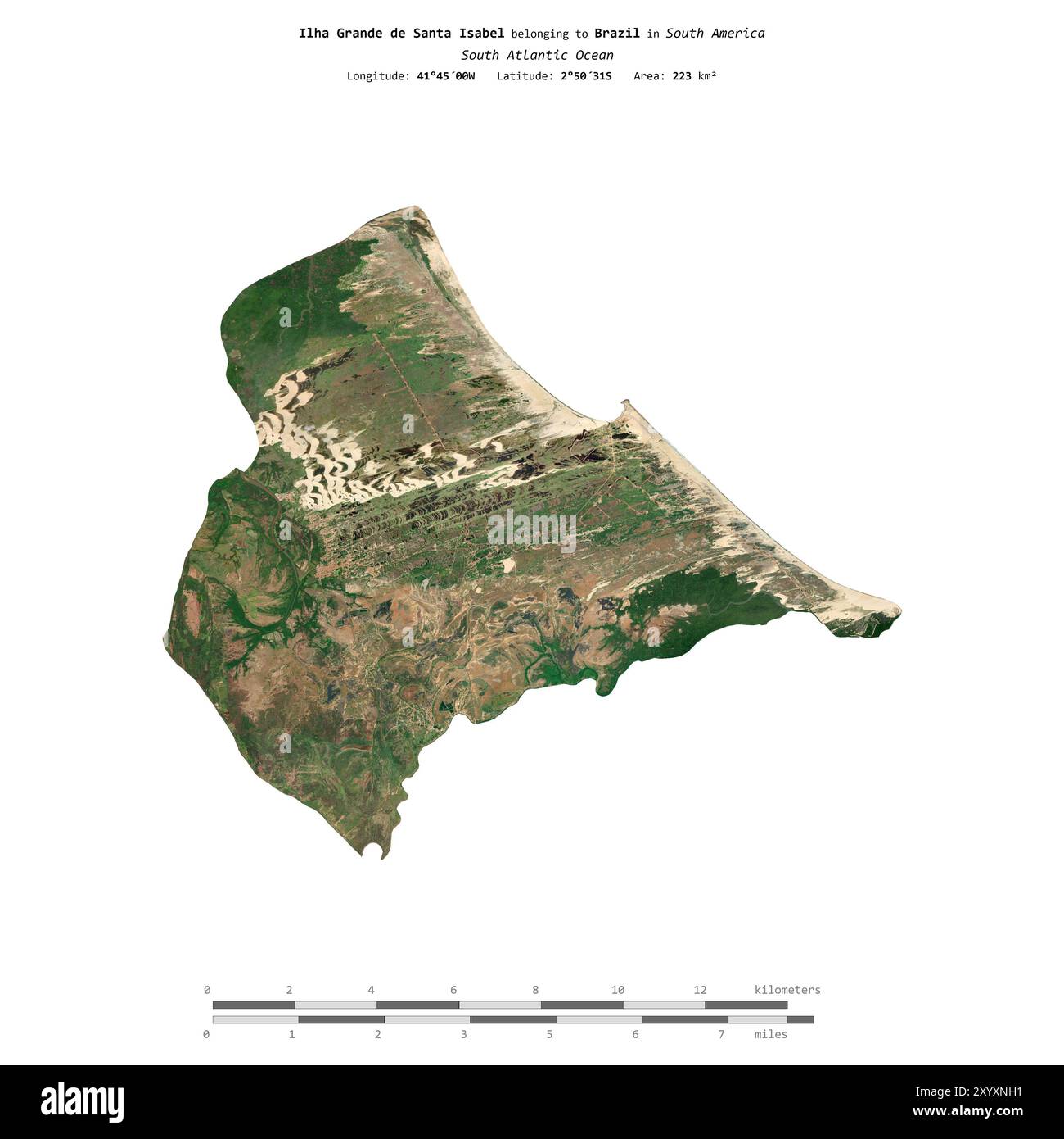 Ilha Grande de Santa Isabel im Südatlantik, Teil Brasiliens, isoliert auf einem Satellitenbild, das am 5. Juli 2023 mit Entfernungsskala aufgenommen wurde Stockfoto