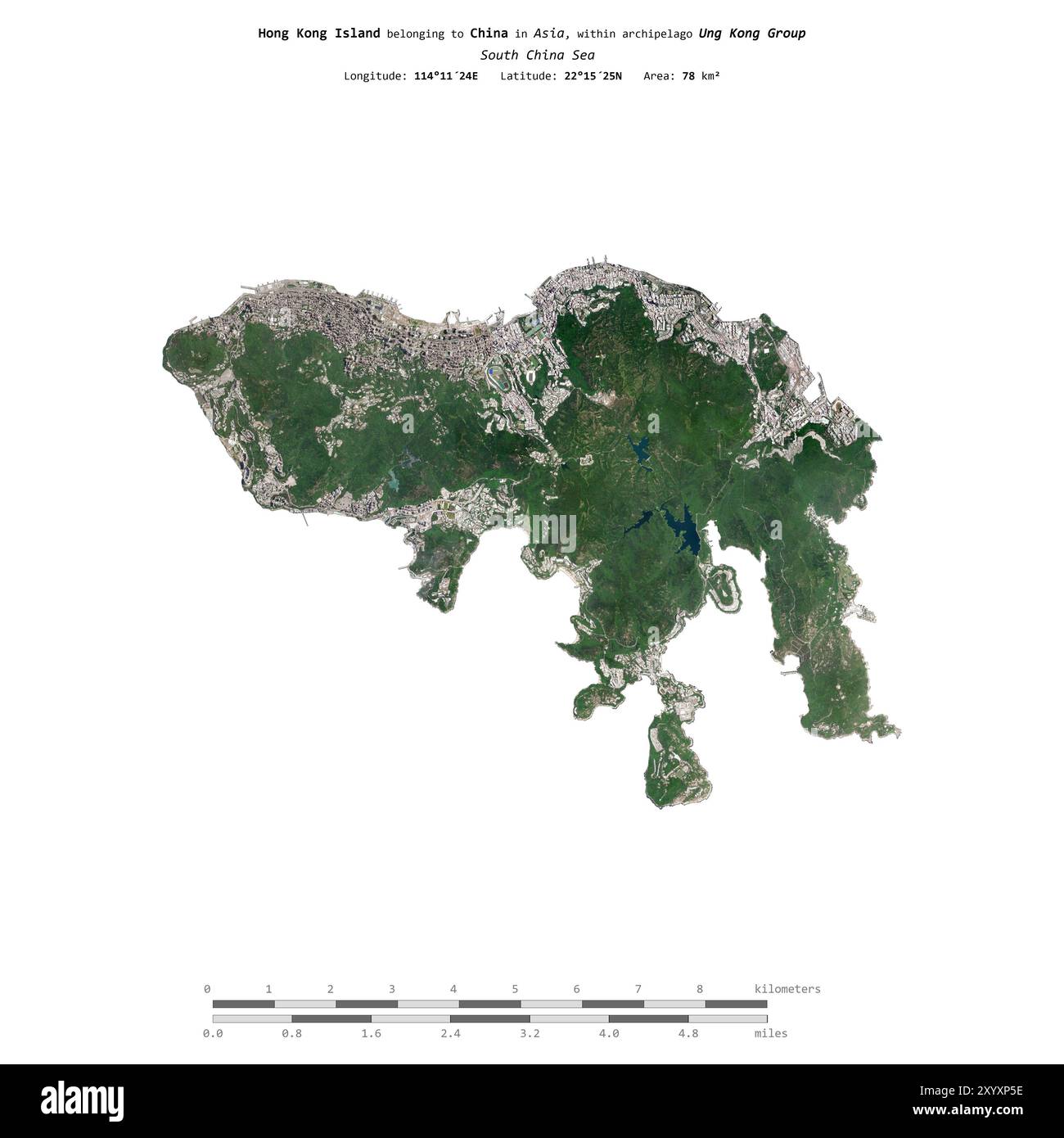 Hongkong Island im Südchinesischen Meer, zu China gehört, isoliert auf einem Satellitenbild, das am 28. Februar 2023 mit Entfernungsskala aufgenommen wurde Stockfoto