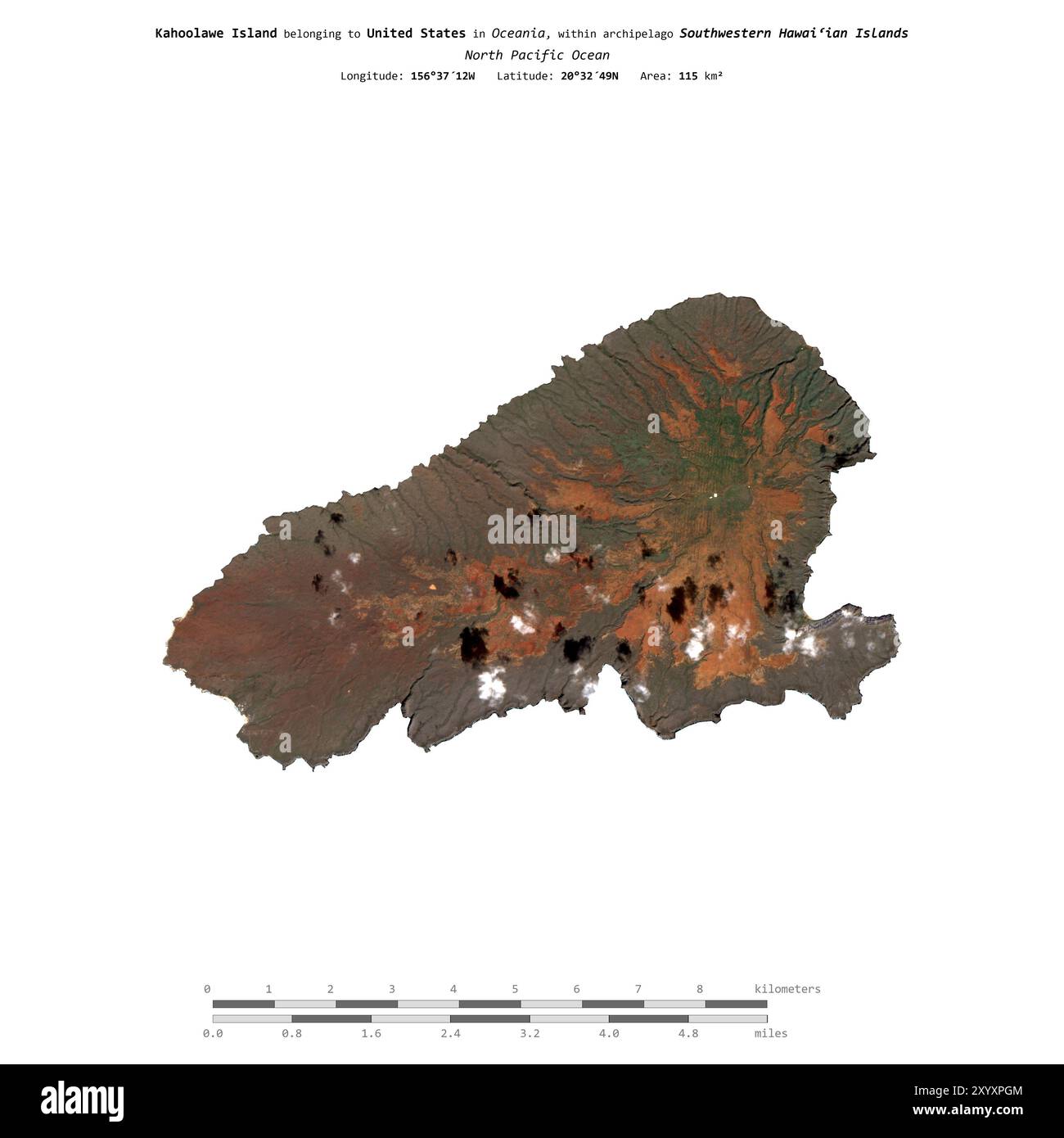 Kahoolawe Island im Nordpazifik, zu den Vereinigten Staaten gehört, isoliert auf einem Satellitenbild, das am 21. Dezember 2022 mit Entfernungsskala aufgenommen wurde Stockfoto