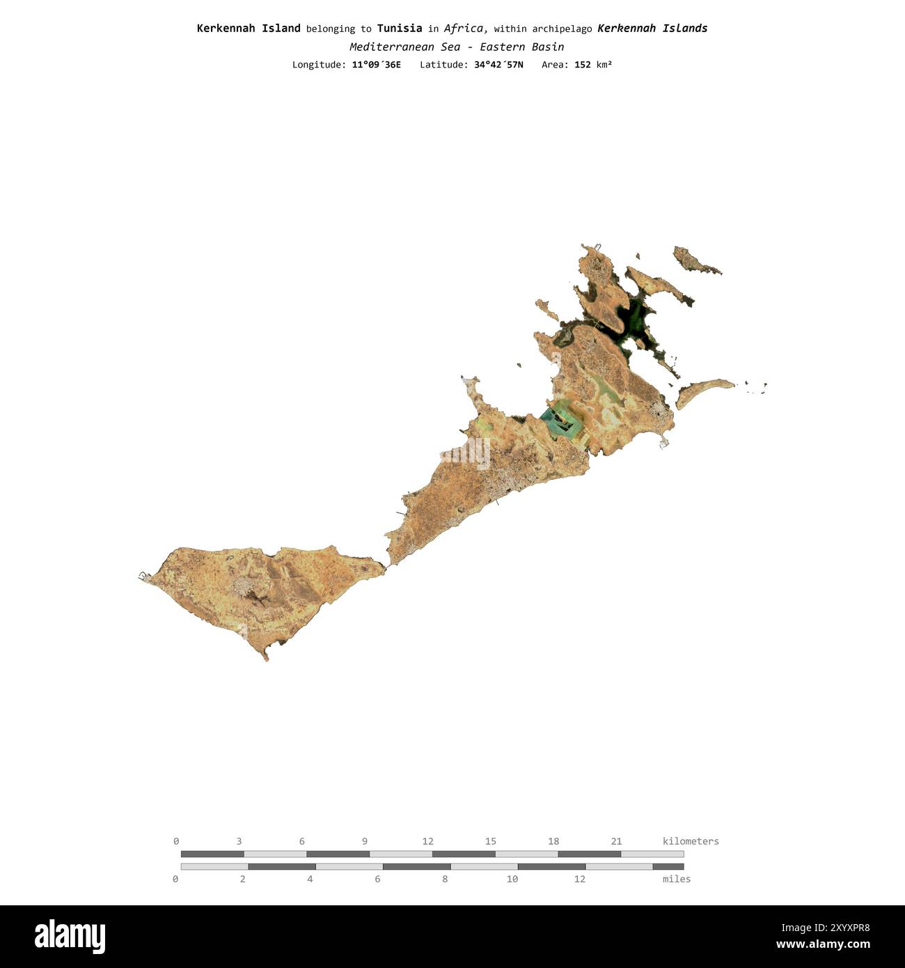 Insel Kerkennah im Mittelmeer - Ostbecken, zu Tunesien gehört, isoliert auf einem Satellitenbild, das im 31. Dezember 2023 aufgenommen wurde, mit Abstand Stockfoto