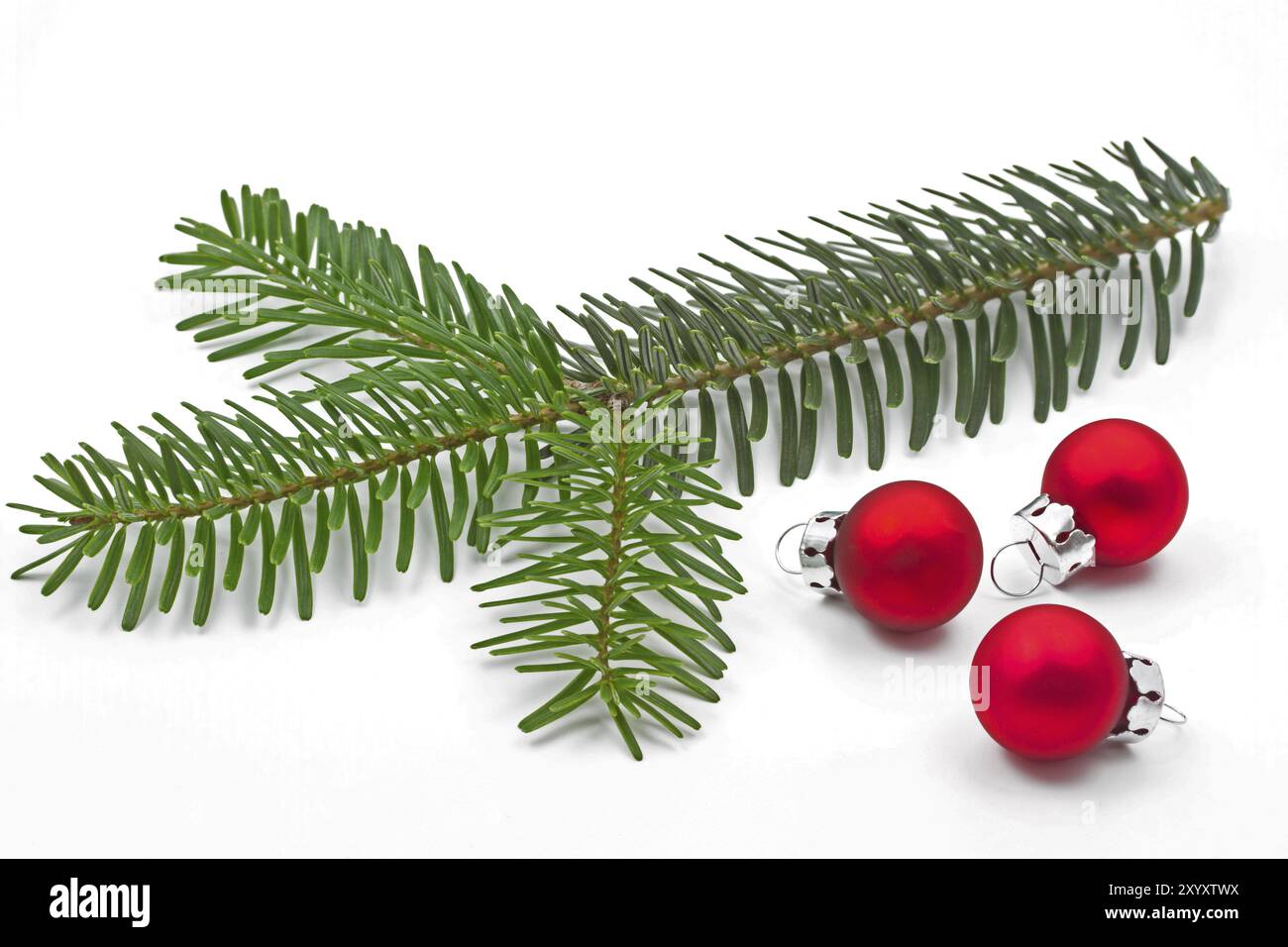 Kleiner Tannenzweig mit Weihnachtskugeln Stockfoto