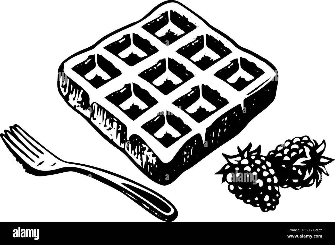 Vektor. Handgezeichnete Symboldarstellung im Vektor. Gebackene Waffel mit Beeren und Gabel. Isoliert auf weißem Hintergrund. Stock Vektor