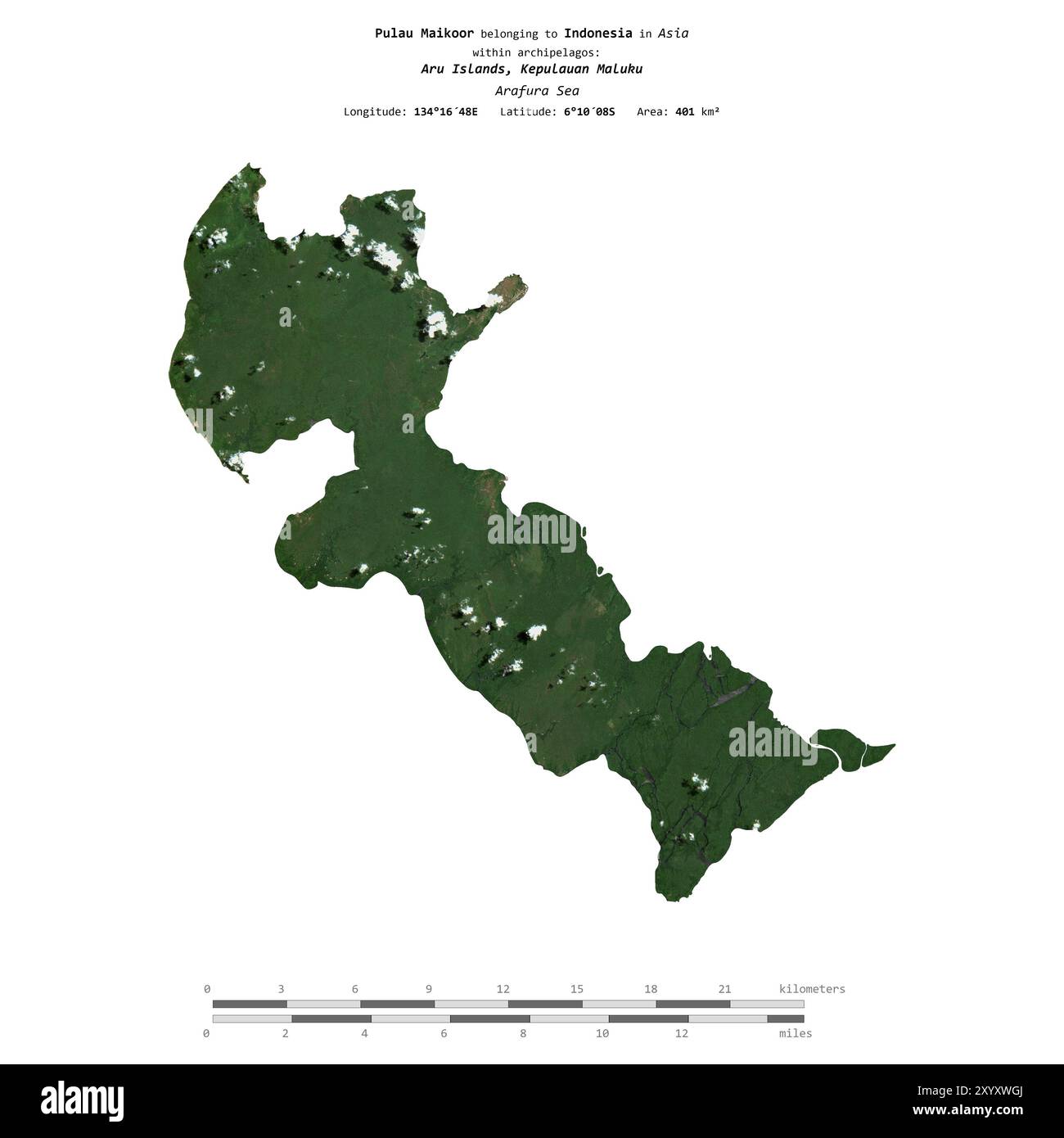 Pulau Maikoor in der Arafura-See, zu Indonesien gehört, isoliert auf einem Satellitenbild, das am 9. September 2019 mit Entfernungsskala aufgenommen wurde Stockfoto