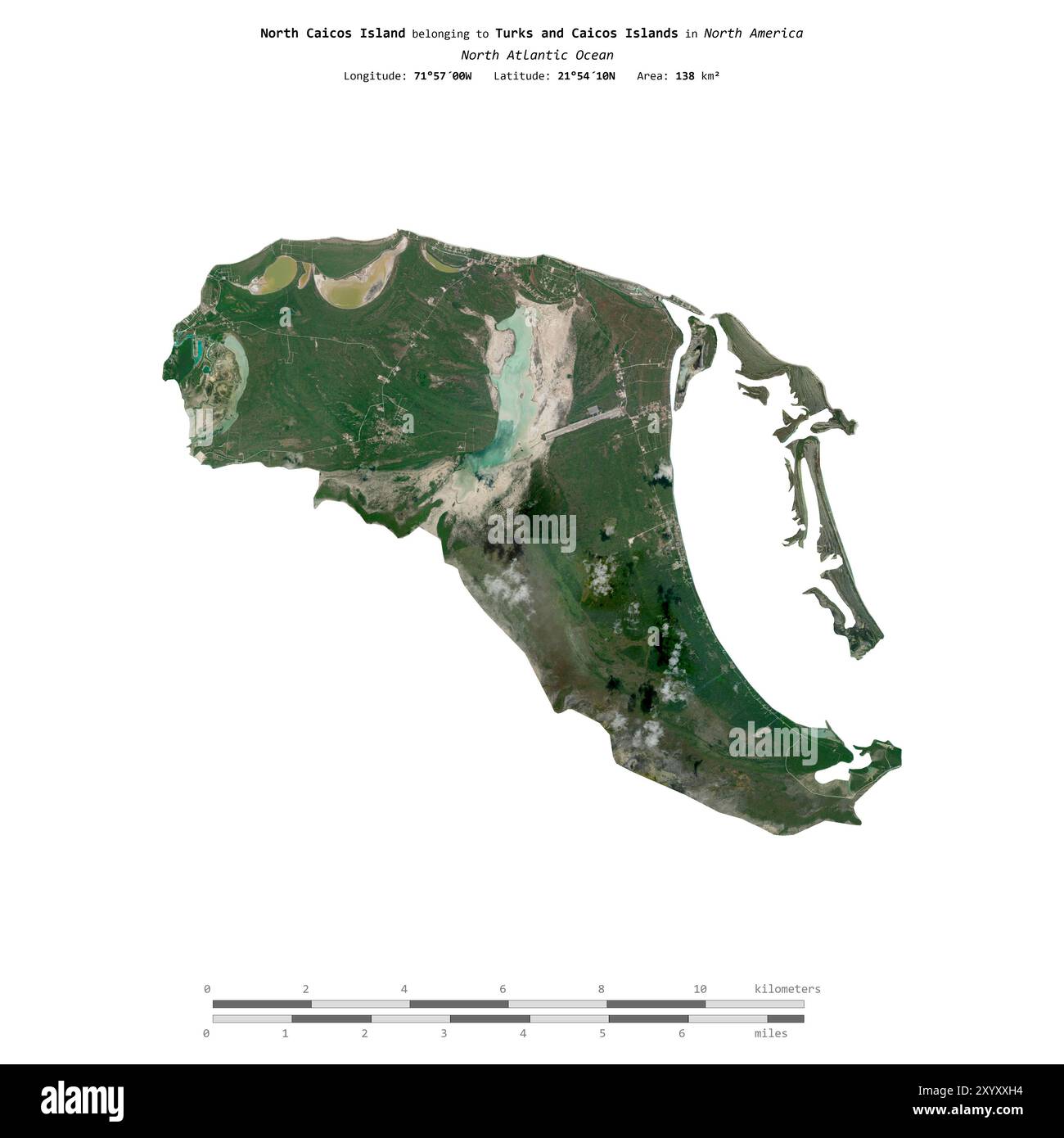 North Caicos Island im Nordatlantik, die zu den Turks- und Caicosinseln gehört, isoliert auf einem Satellitenbild, das am 28. Februar 2018 aufgenommen wurde Stockfoto