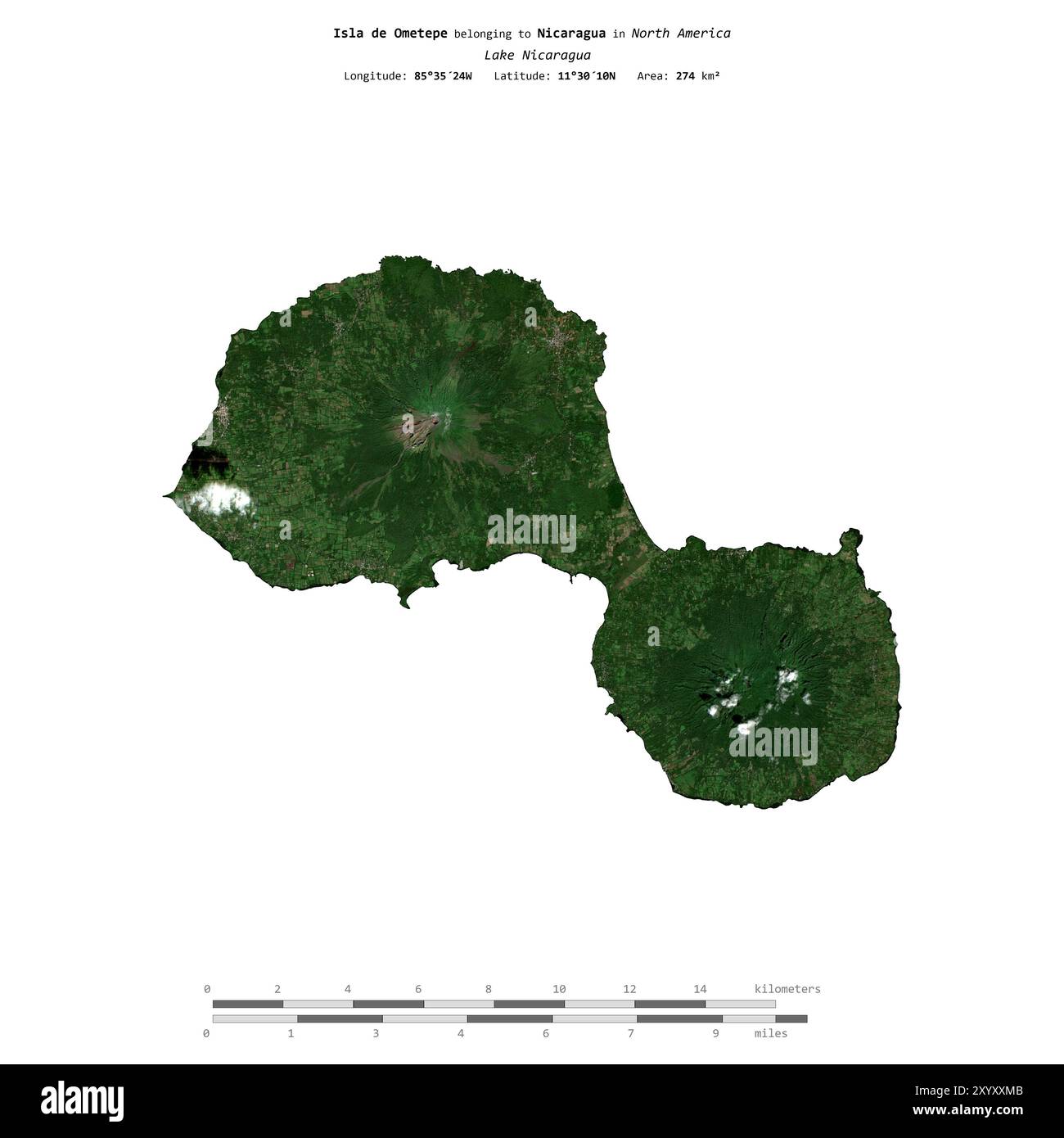 Isla de Ometepe im Nicaragua-See, isoliert auf einem Satellitenbild, das am 9. Dezember 2020 mit Entfernungsskala aufgenommen wurde Stockfoto