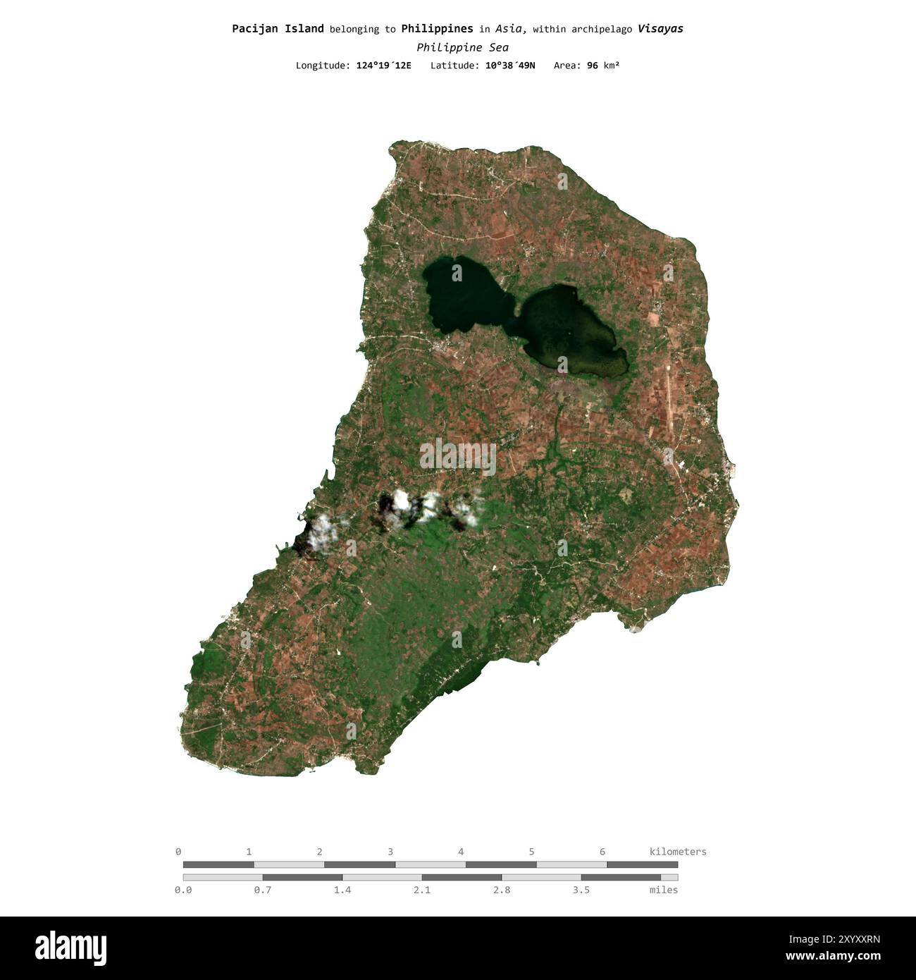 Die Insel Pacijan in der Philippinischen See, die auf einem Satellitenbild vom 22. April 2019 mit Entfernungsskala isoliert wurde Stockfoto