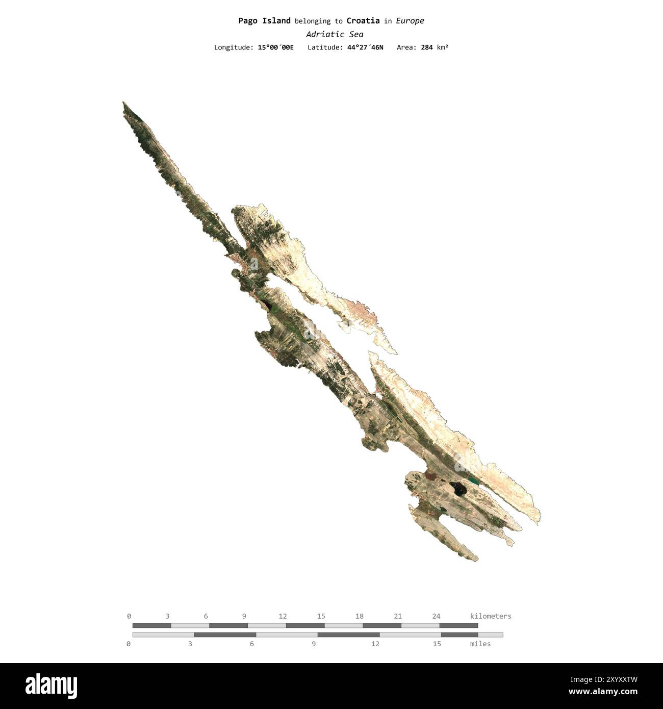Die Insel Pago in der Adria, die zu Kroatien gehört, wurde auf einem Satellitenbild vom 21. Februar 2024 mit Entfernungsskala isoliert Stockfoto