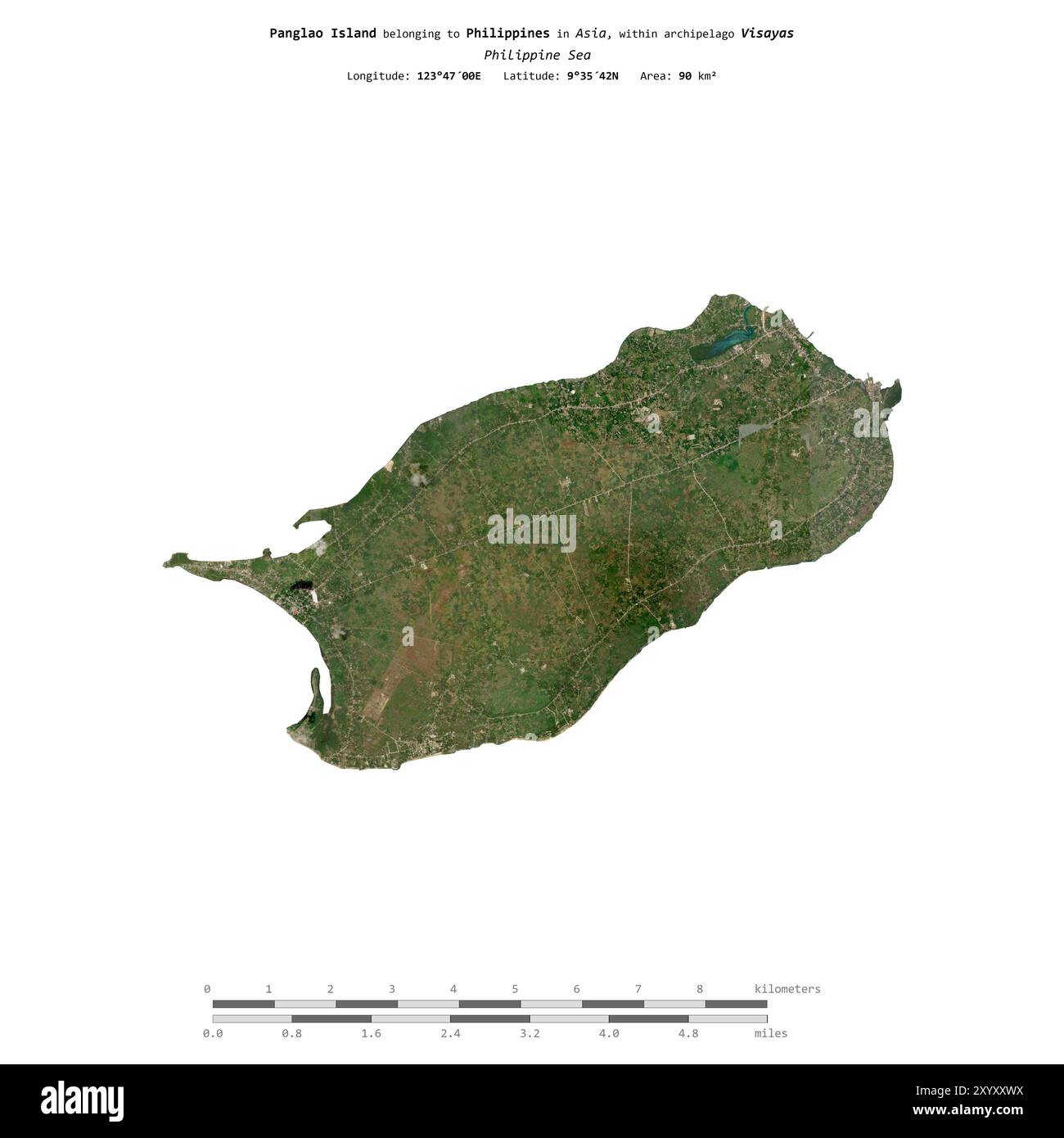 Die Insel Panglao in der Philippinischen See, die zu den Philippinen gehört, wurde auf einem Satellitenbild vom 9. Februar 2018 mit einer Entfernungsskala isoliert Stockfoto