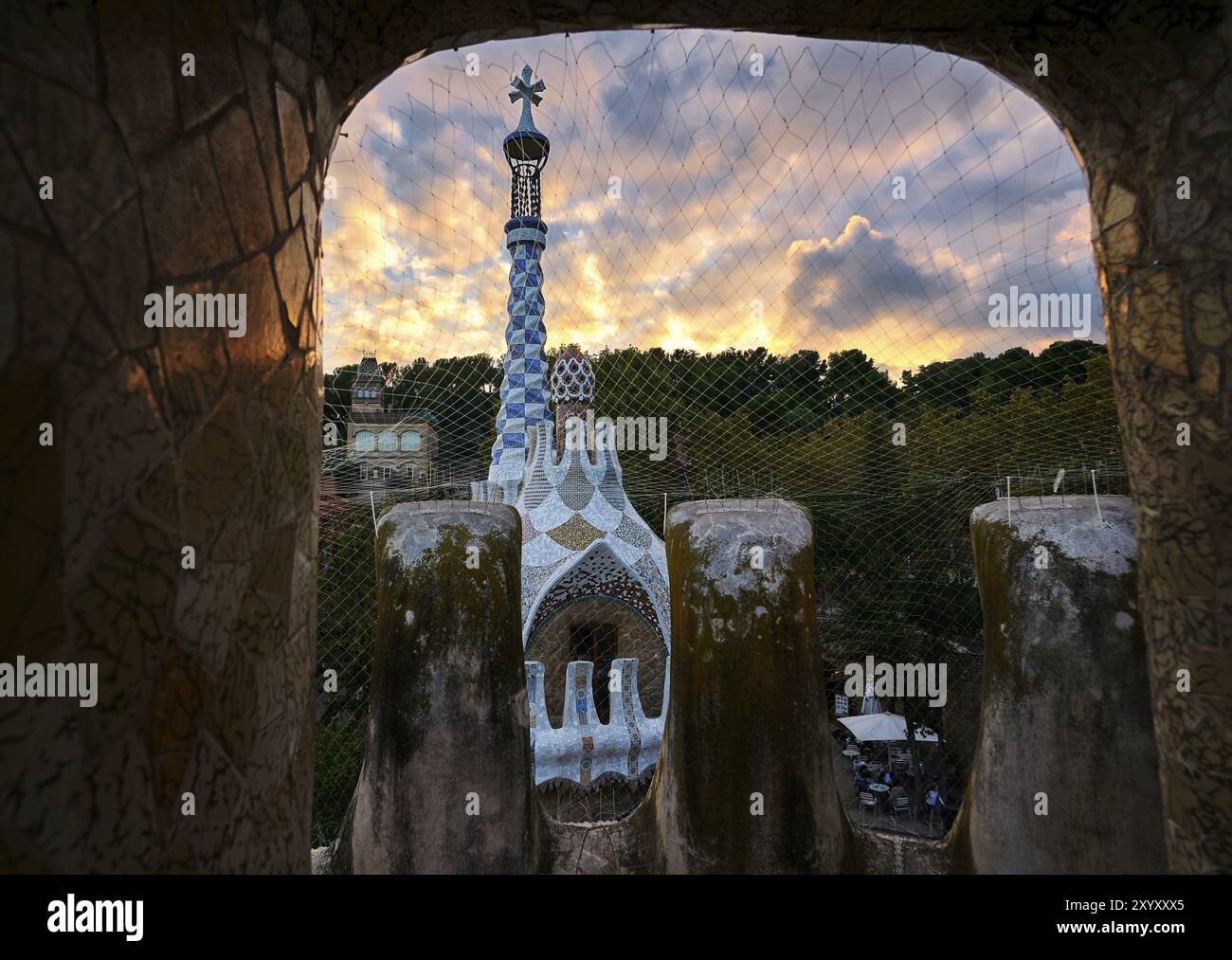 Park Guell Haus bei Sonnenuntergang, in Barcelona Spanien Stockfoto