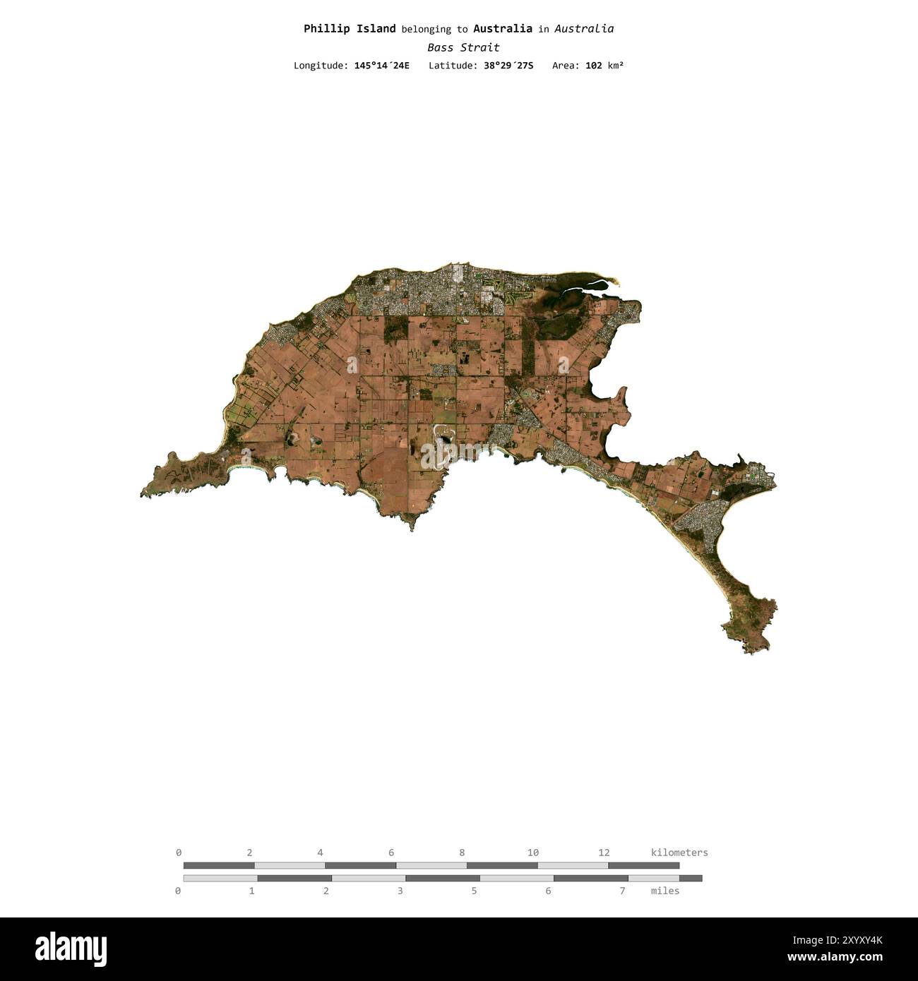 Phillip Island in der zu Australien gehörenden Bass Strait, isoliert auf einem Satellitenbild, das am 22. März 2024 mit Entfernungsskala aufgenommen wurde Stockfoto