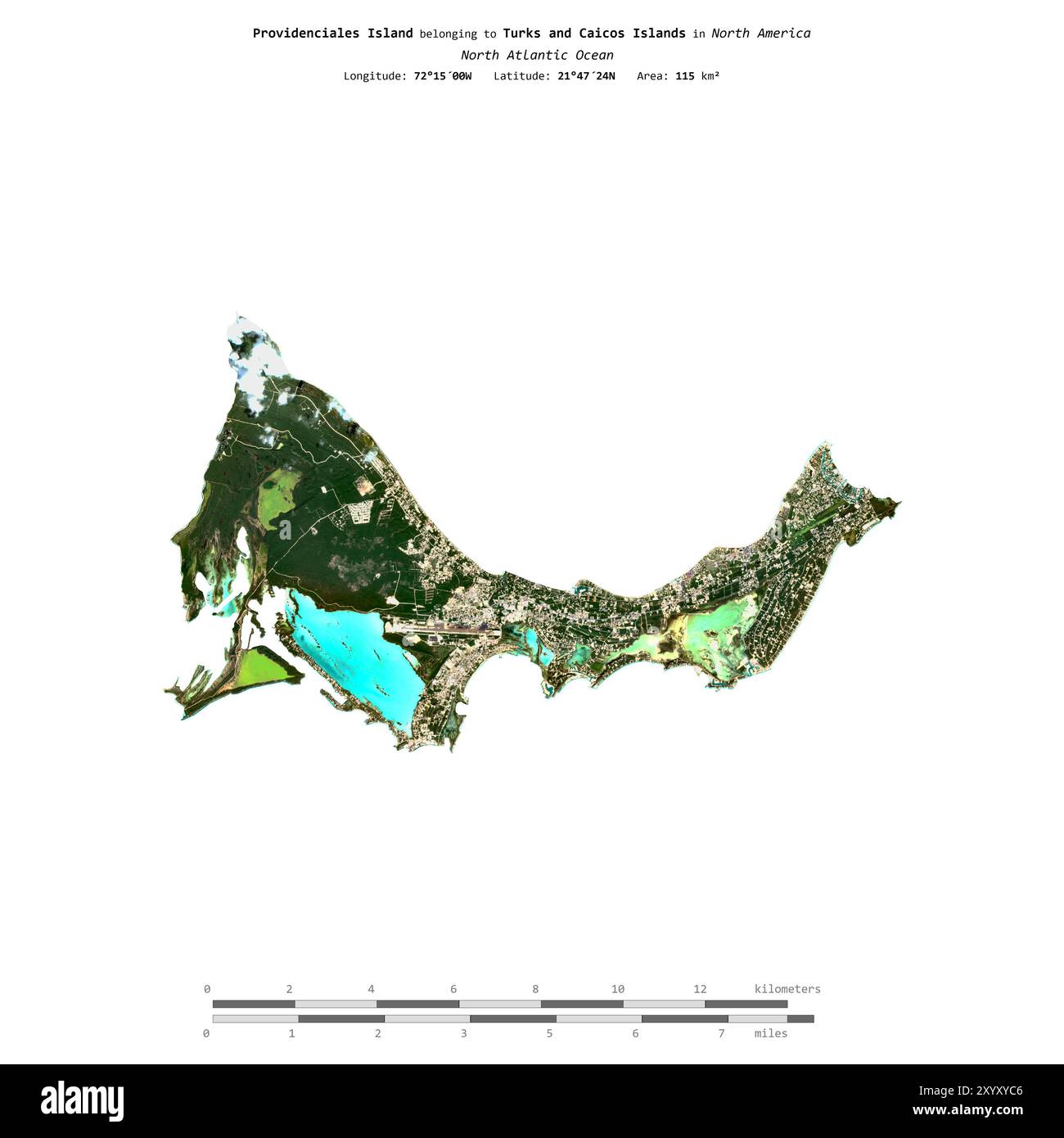 Providenciales Island im Nordatlantik, die zu den Turks- und Caicosinseln gehört, isoliert auf einem Satellitenbild, das am 27. Dezember 2023 in wi aufgenommen wurde Stockfoto