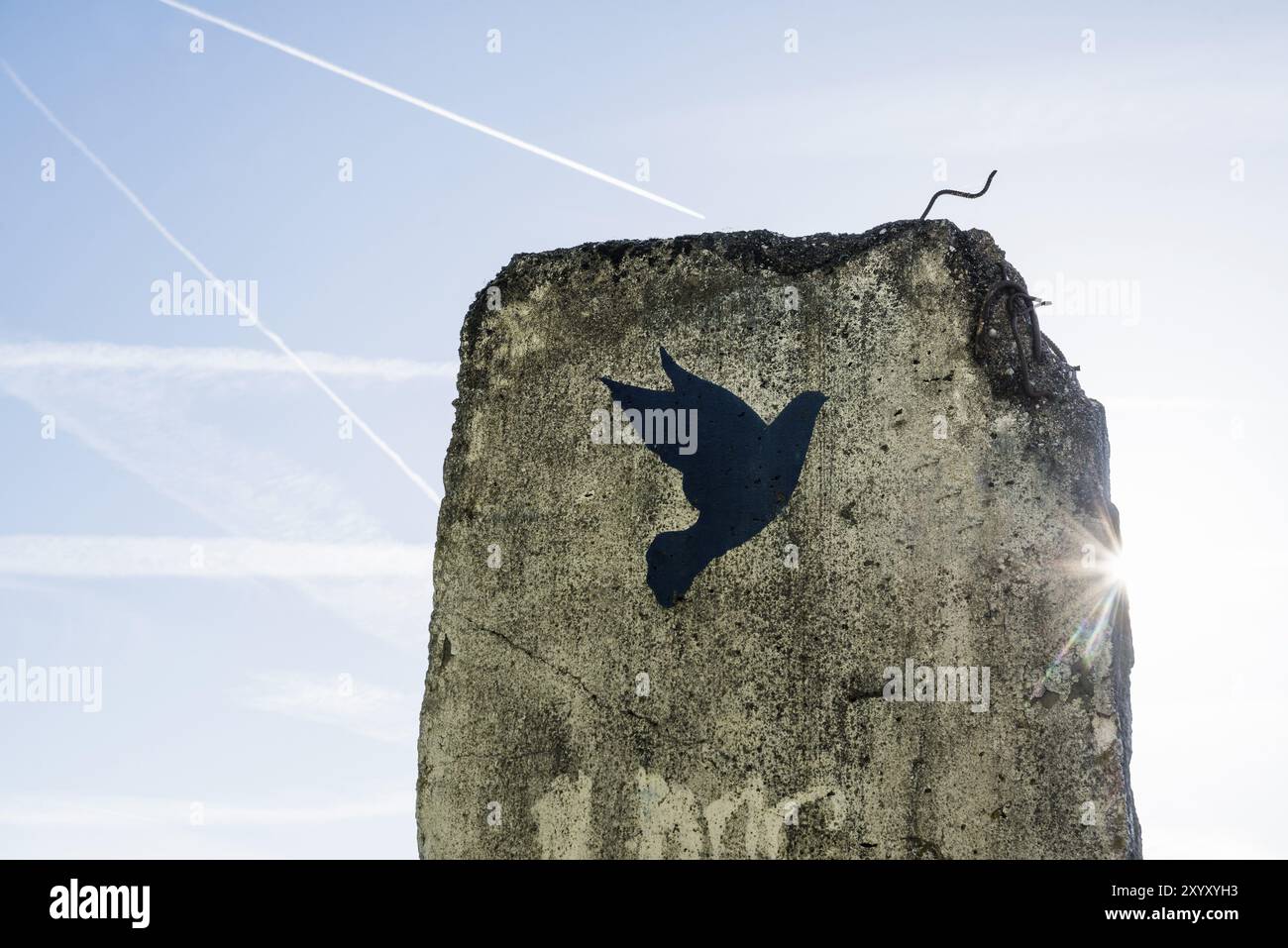 Denkmal, Teil der Berliner Mauer mit Taube des Friedens, Schengen, Kanton Remich, Luxemburg, Europa Stockfoto